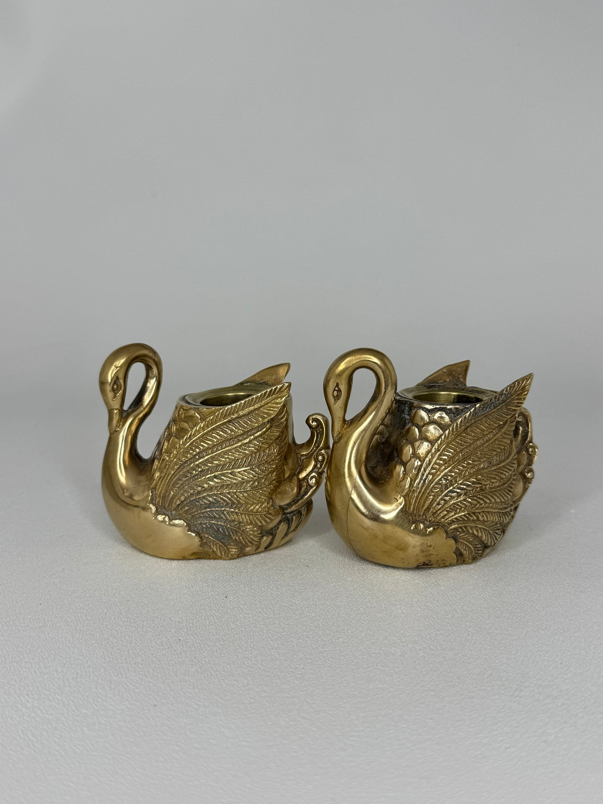Pair of Vintage Brass Swan Candlestick Holders- Mid-Century Taper Candle Holders