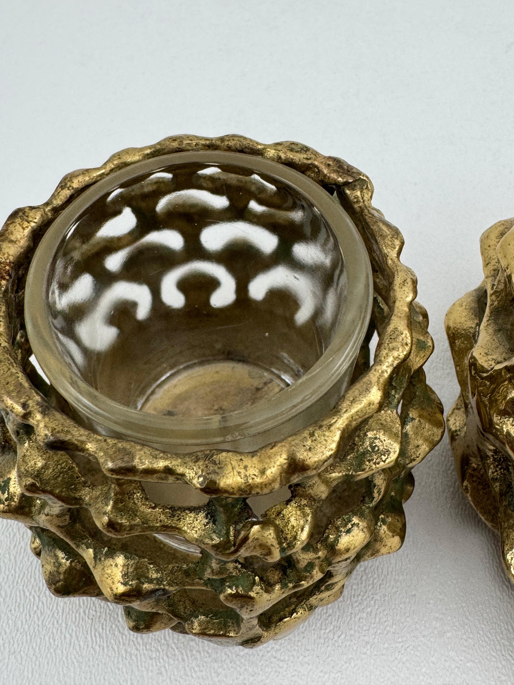 Vintage Brass Brutalist Style Candleholders With Glass Inserts-A Pair