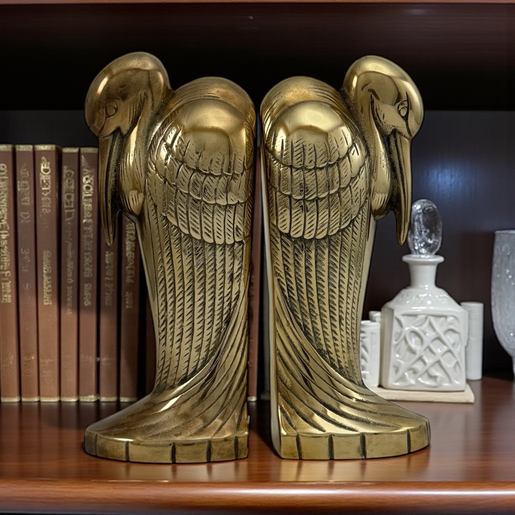 Tall Vintage Brass Pelican Bookends-A Pair