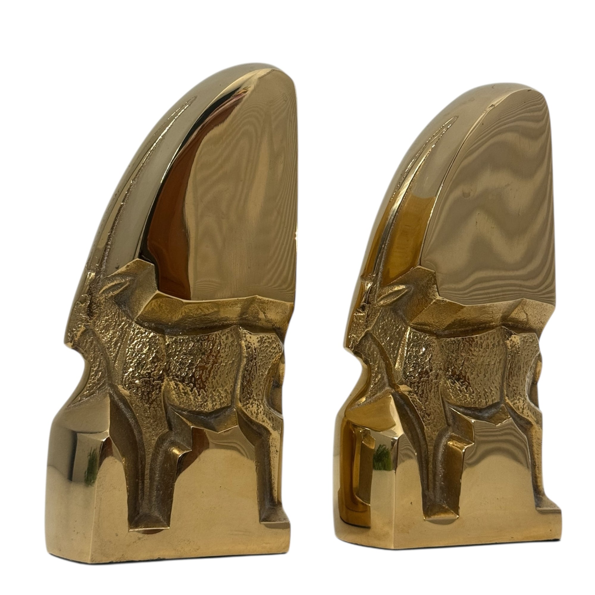 Mid-Century Modern Brass Gazelle Sculptures – Abstract Antelope Bookends