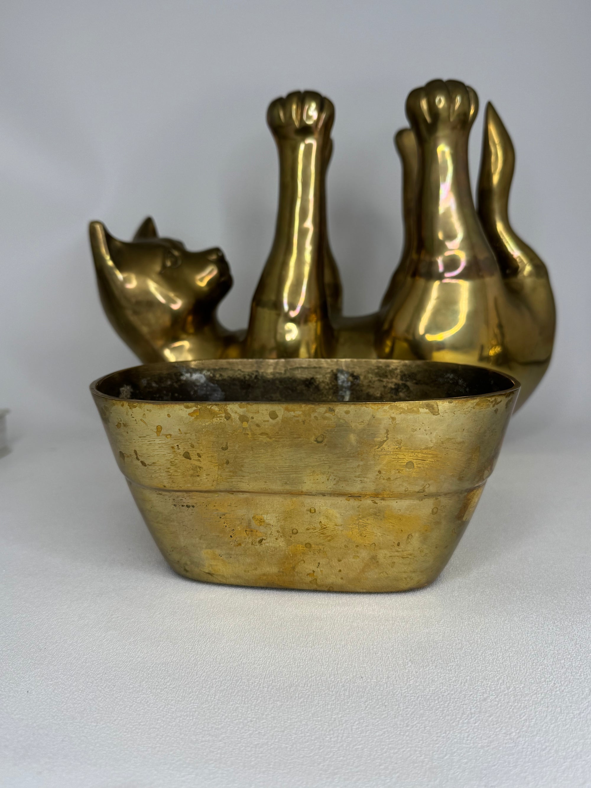 Rare Large Vintage Brass Cat Planter –Statement Cat Holding Bowl Centerpiece