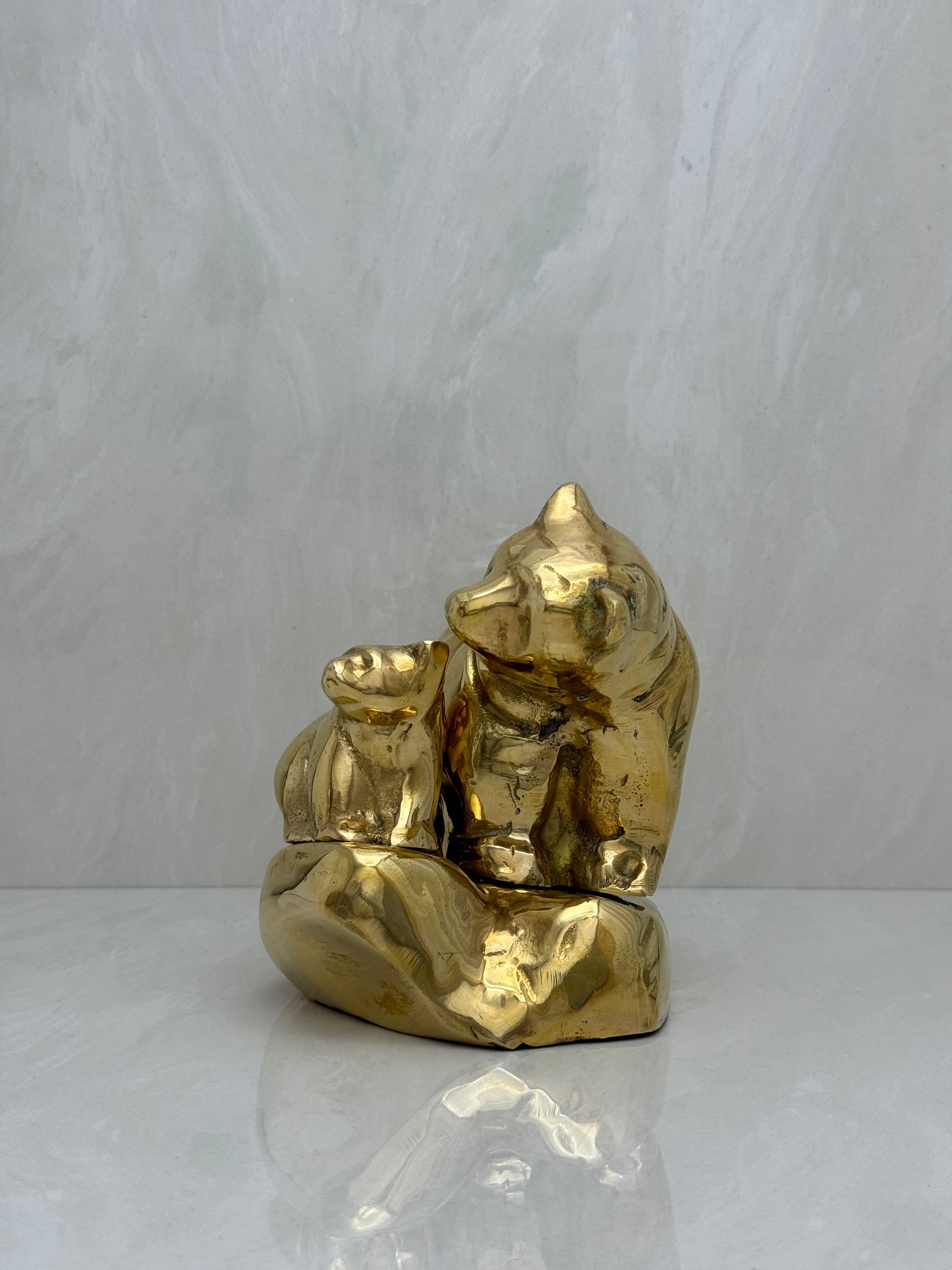 Vintage Brass Mama Bear and Cub on Rock