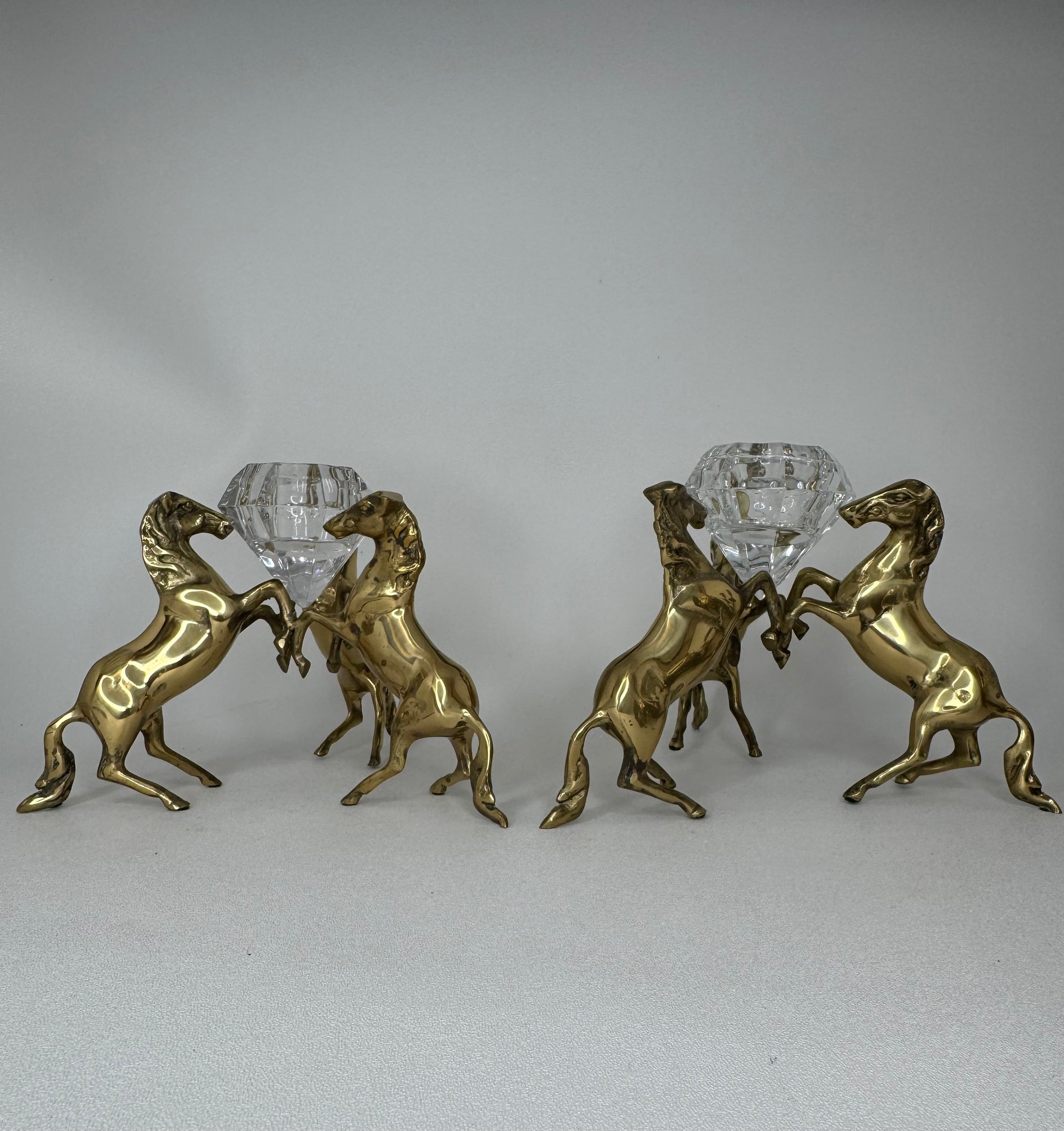 Pair of Horse Brass Stands with Crystal Candleholders Inserts