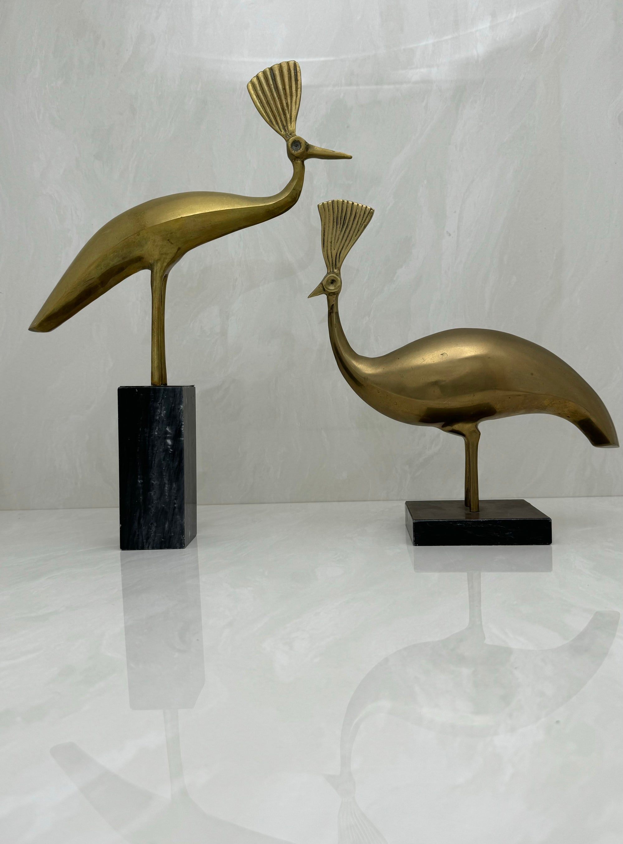 Vintage Brass Peacocks on Marble Bases- A Pair by Rosenthal Netter