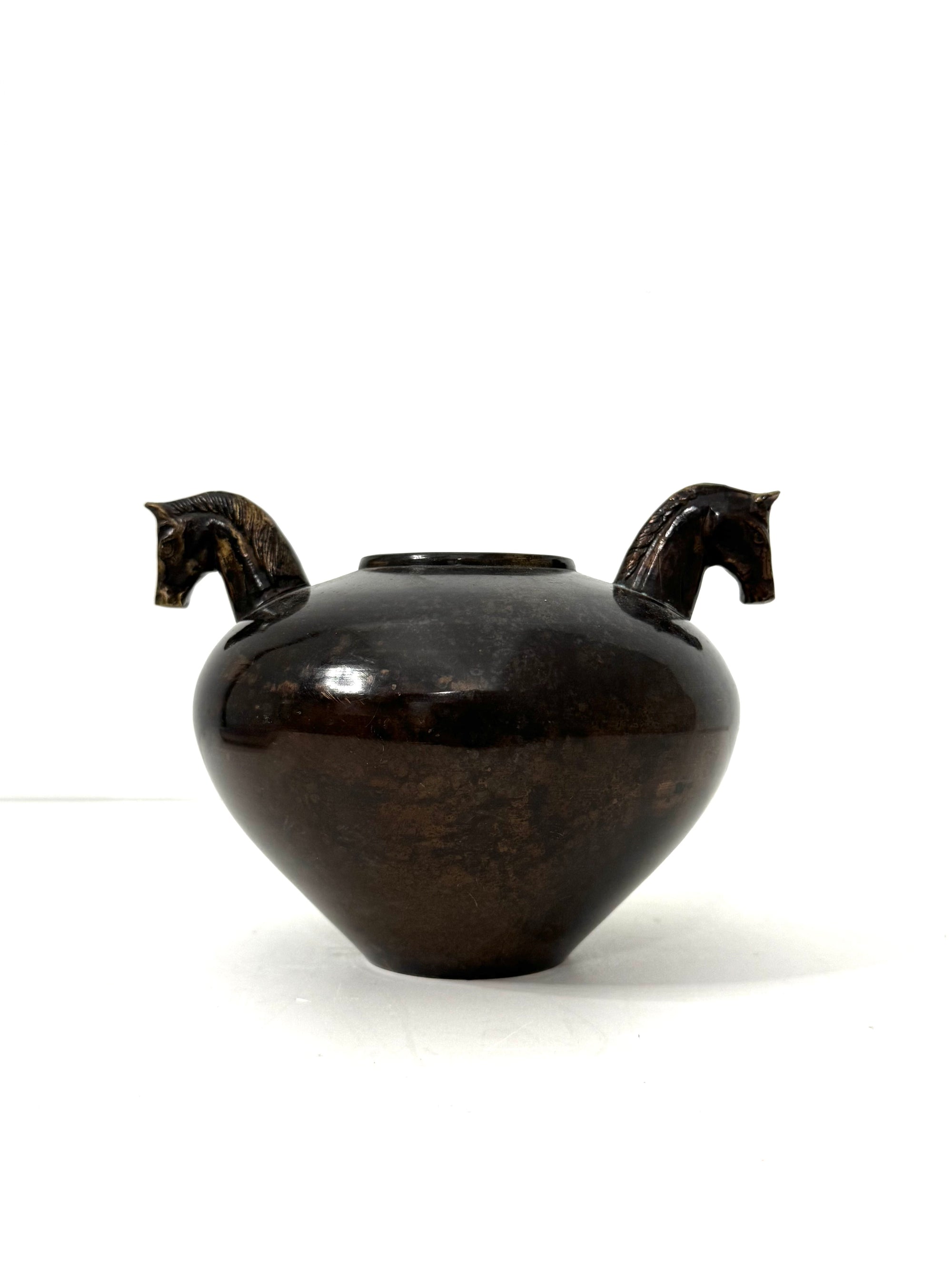 Vintage Bronze Horse Head Vessel | Dual Horse Sculpture Vase