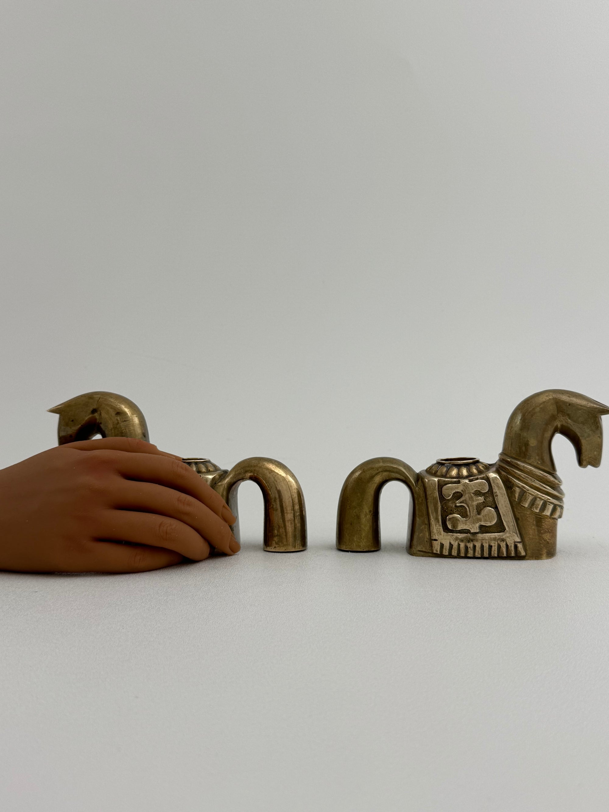 Pair of Vintage Trojan Horse Brass Candleholders
