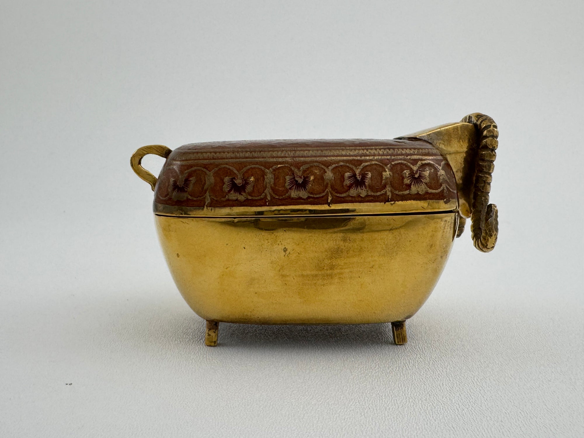 Vintage Brass Goat Trinket Dish With Enameled Etchings