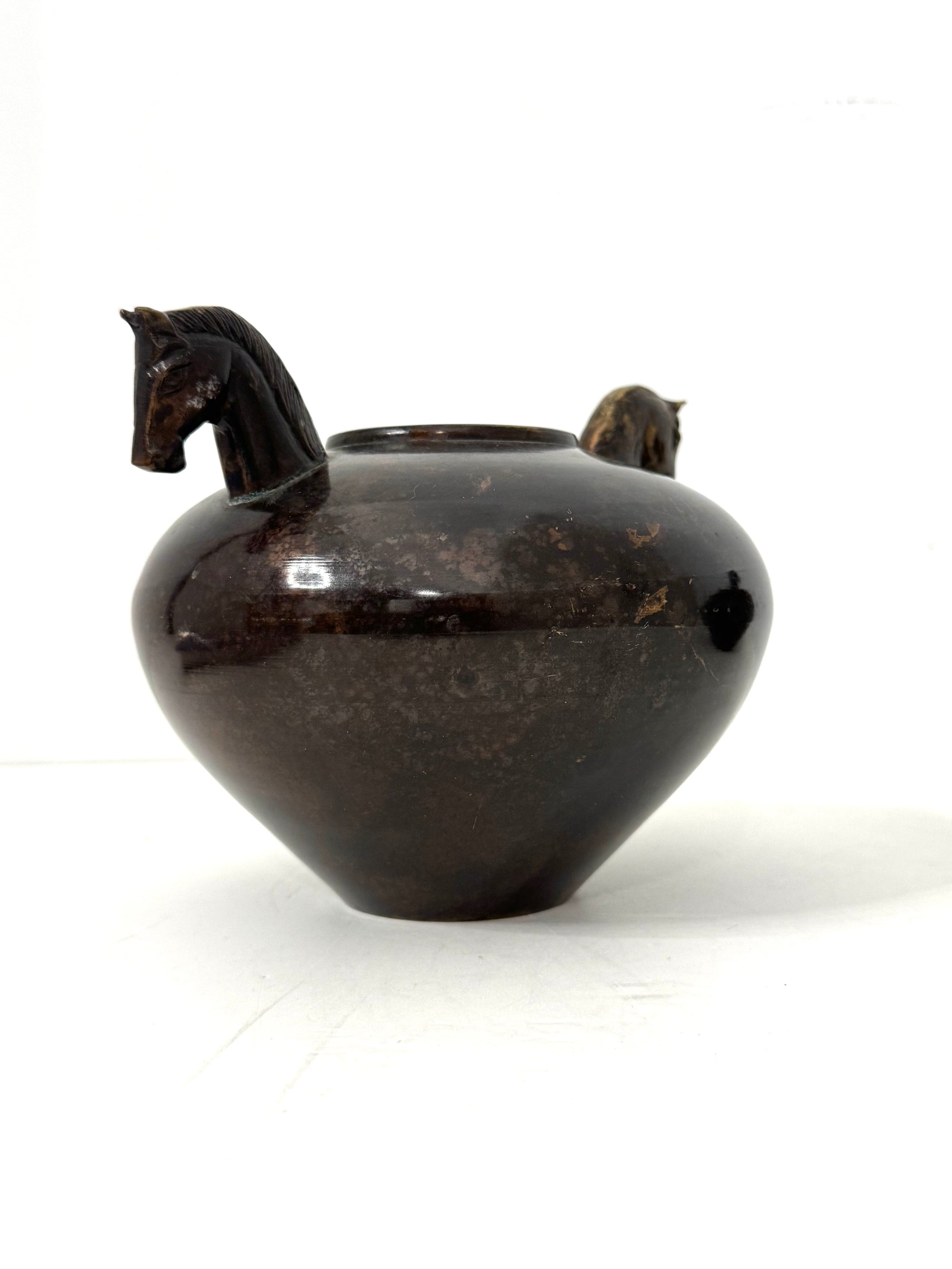 Vintage Bronze Horse Head Vessel | Dual Horse Sculpture Vase