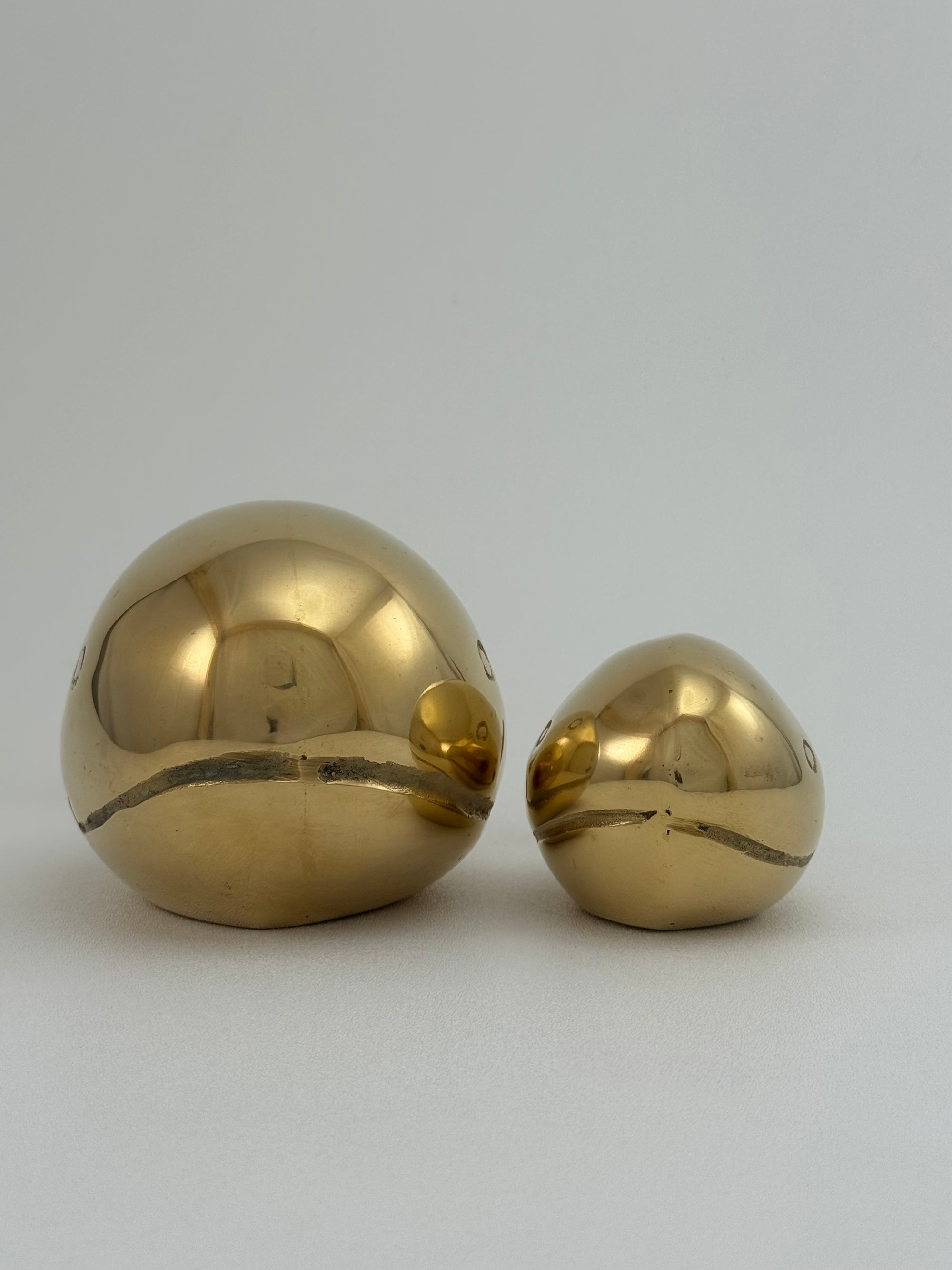 Vintage Brass Whale Pair – Large &amp; Small Coastal Nautical Sculptures