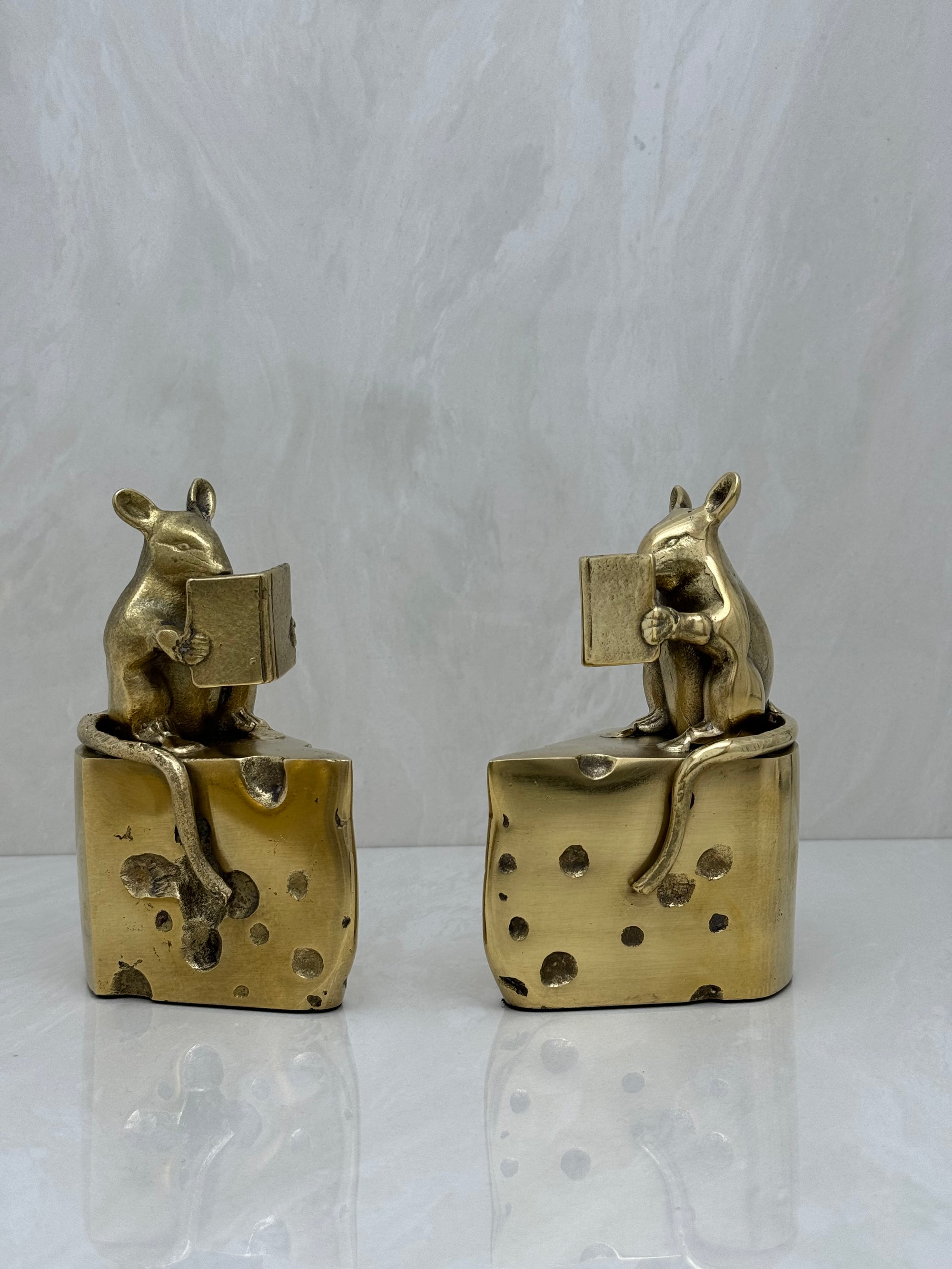 Vintage Brass Mice Reading Books Atop a Slice of Cheese-A Pair