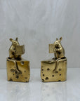 Vintage Brass Mice Reading Books Atop a Slice of Cheese-A Pair