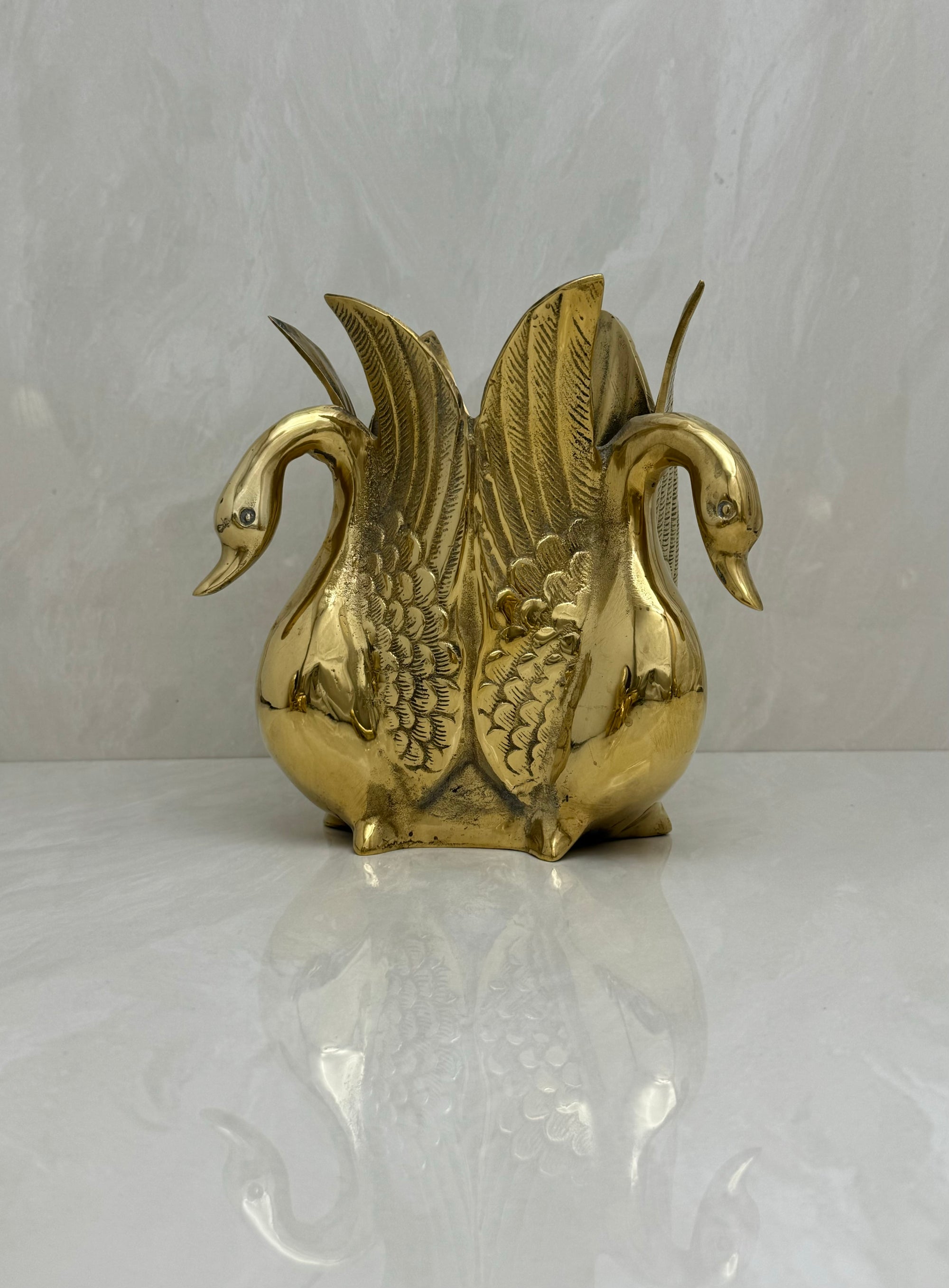 Vintage Brass Three Swan Vase