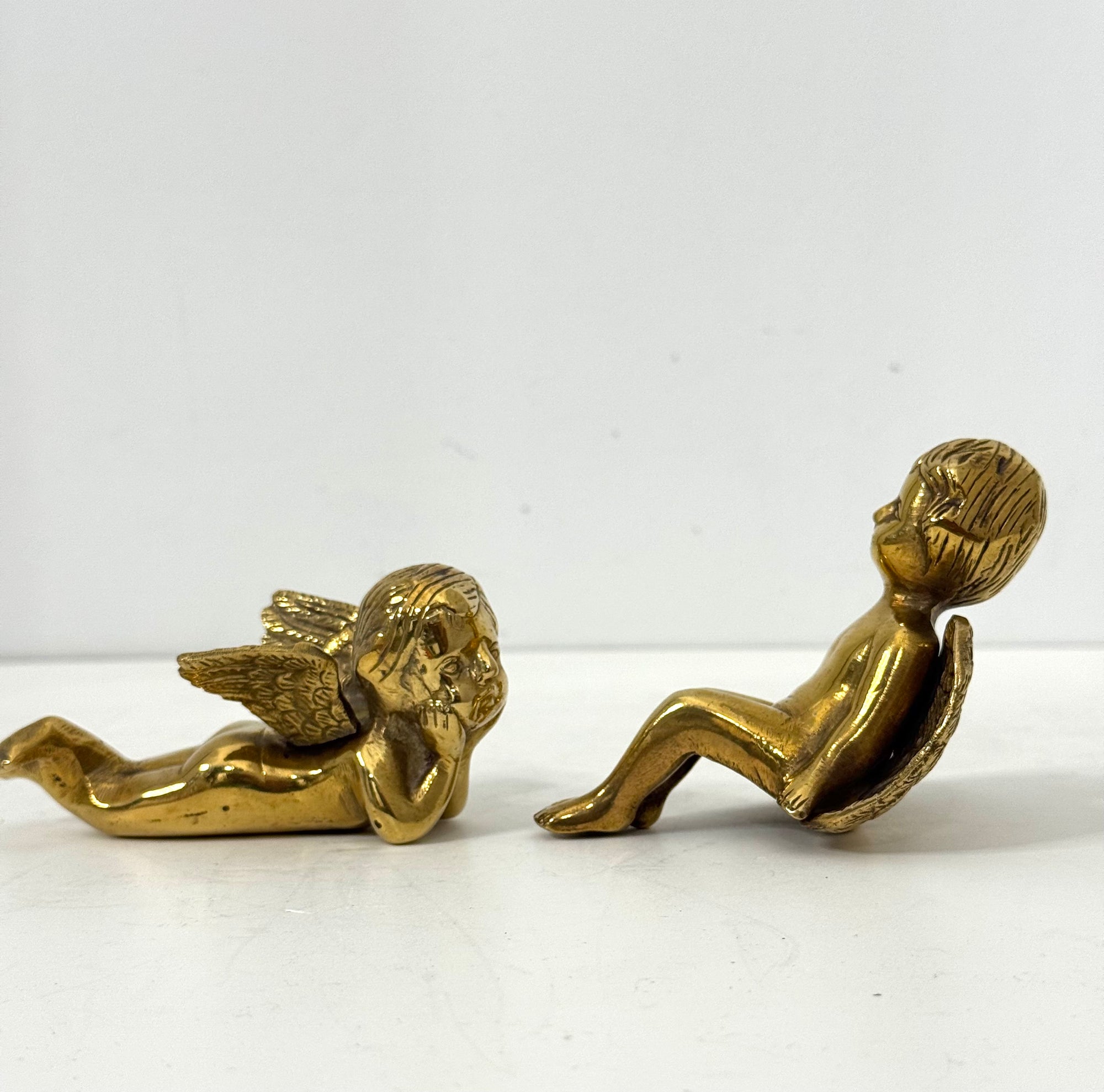 Vintage Polished Brass Cherub Angels — Set of Two Mid-Century Figurines