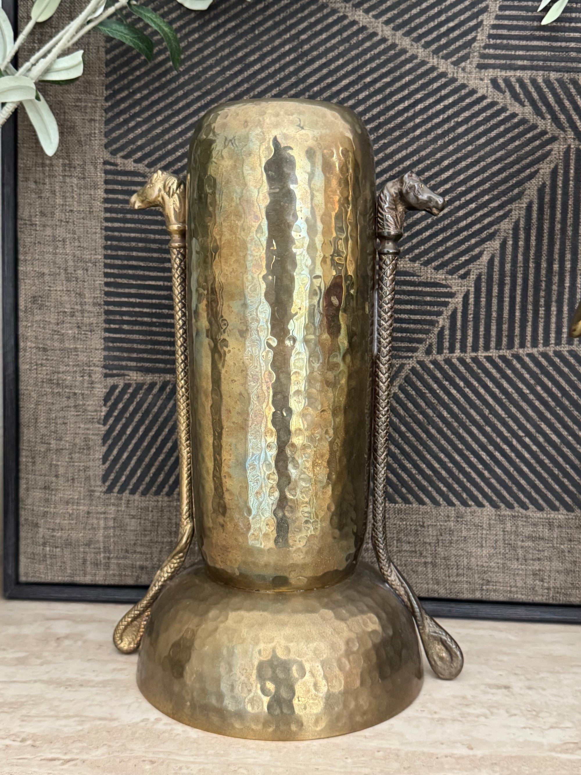 Vintage Brass Hammered Vase With Horse Head Handles
