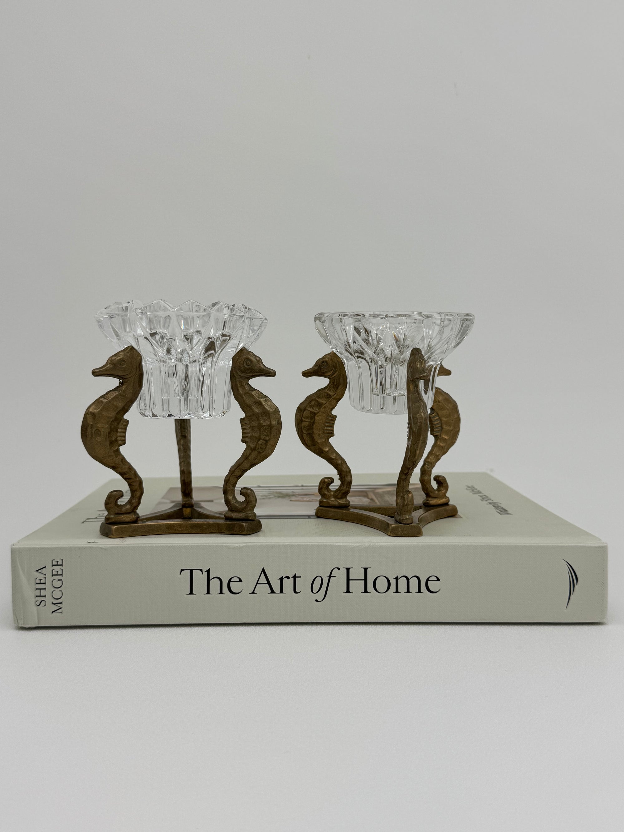 Vintage Brass Seahorse Stands with Crystal Inserts-A Pair