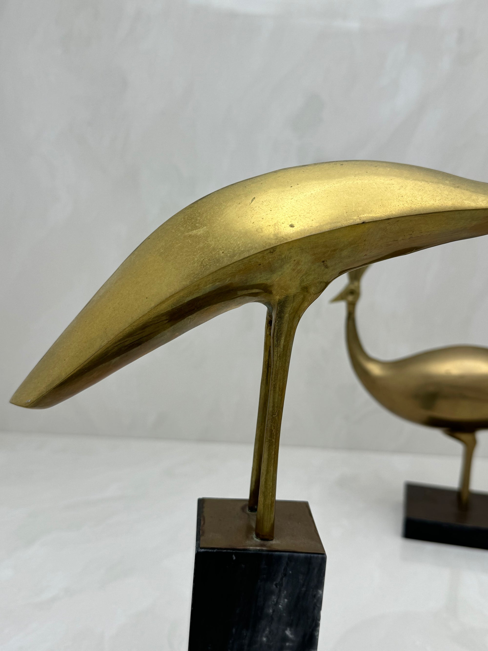 Vintage Brass Peacocks on Marble Bases- A Pair by Rosenthal Netter