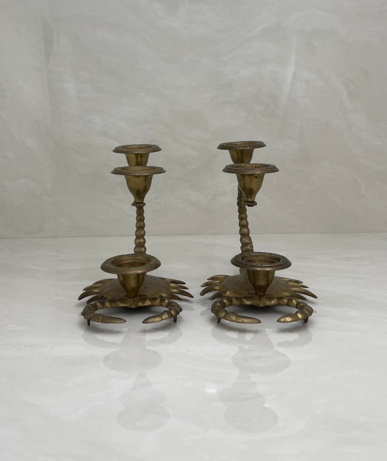 Naturally Aged Vintage Brass Scorpion Candelabras-A Pair