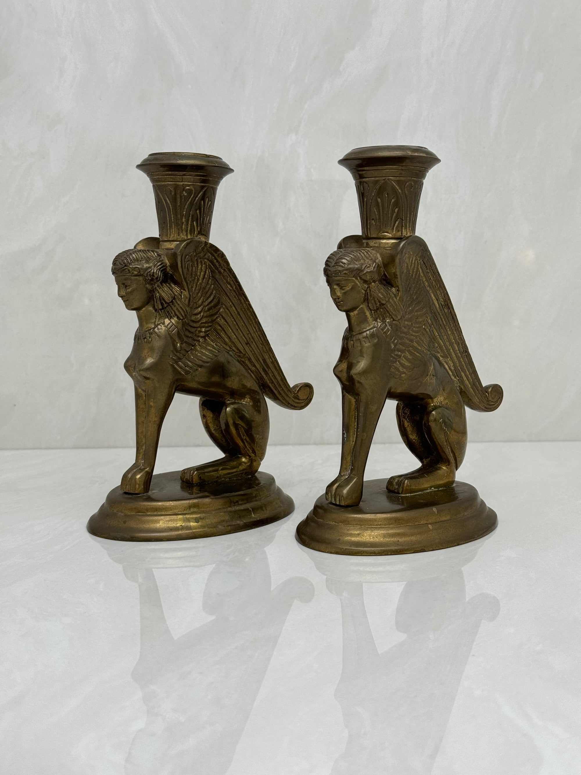 Vintage Brass Winged Sphinx Candleholders-A Pair