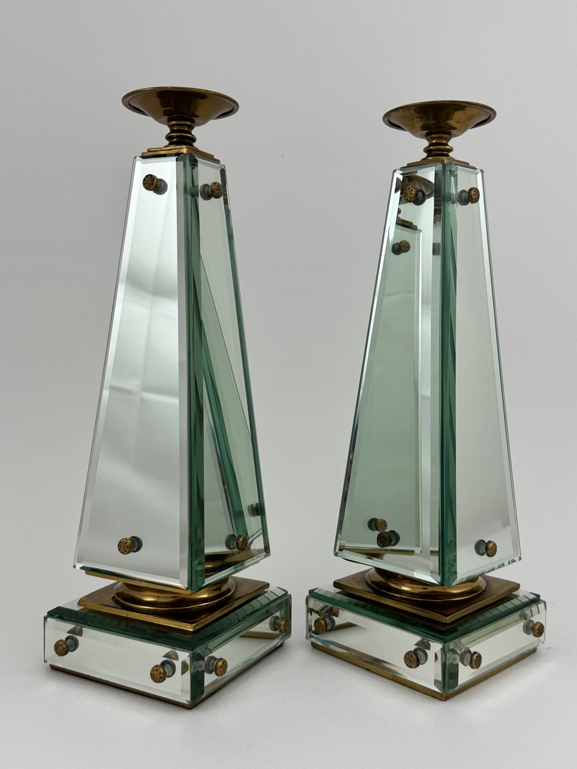 Pair of Vintage Maitland-Smith Mirrored Obelisk Candlesticks