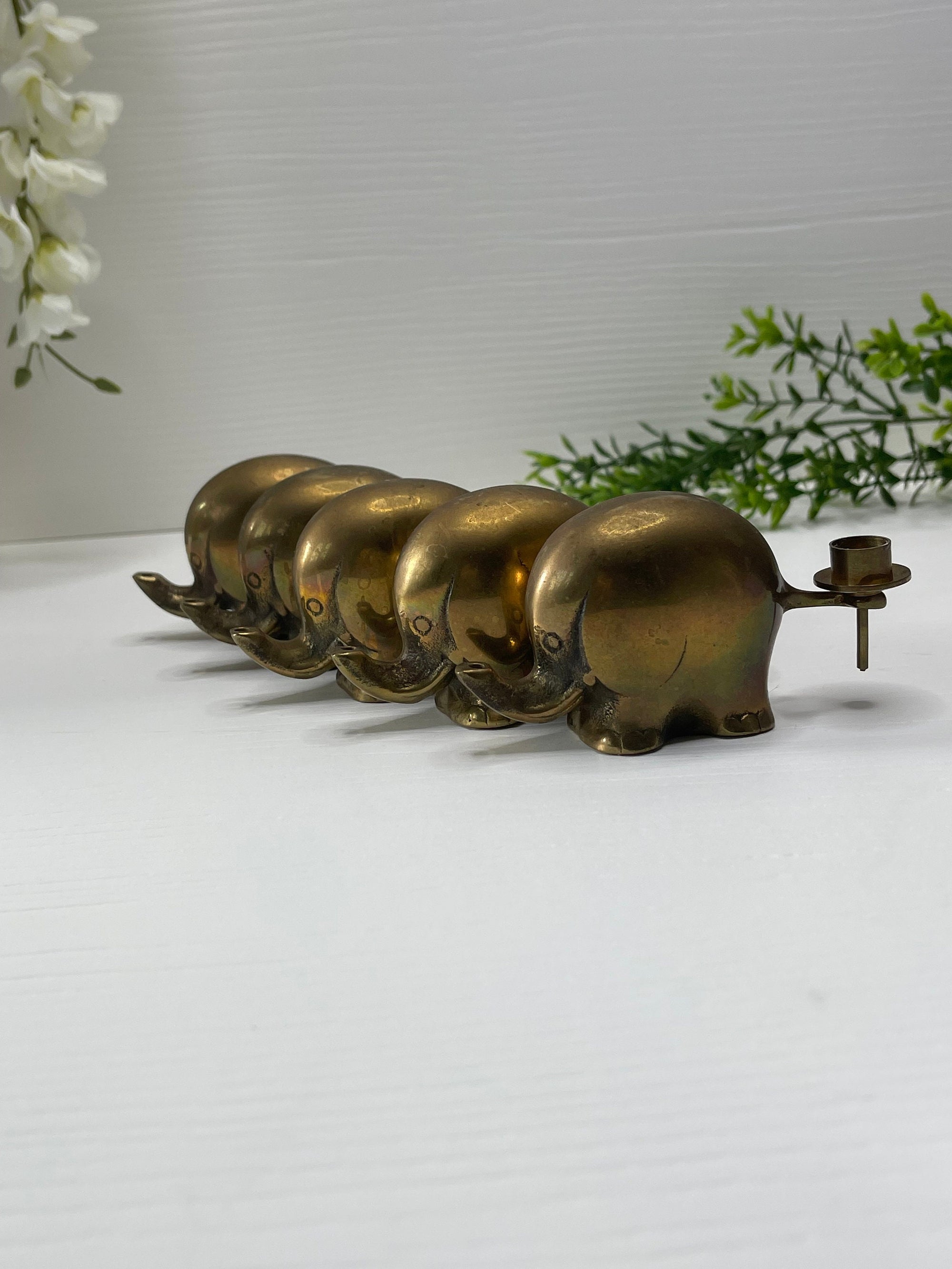 Vintage Brass Elephant Support Circle Thin Candlestick Holders