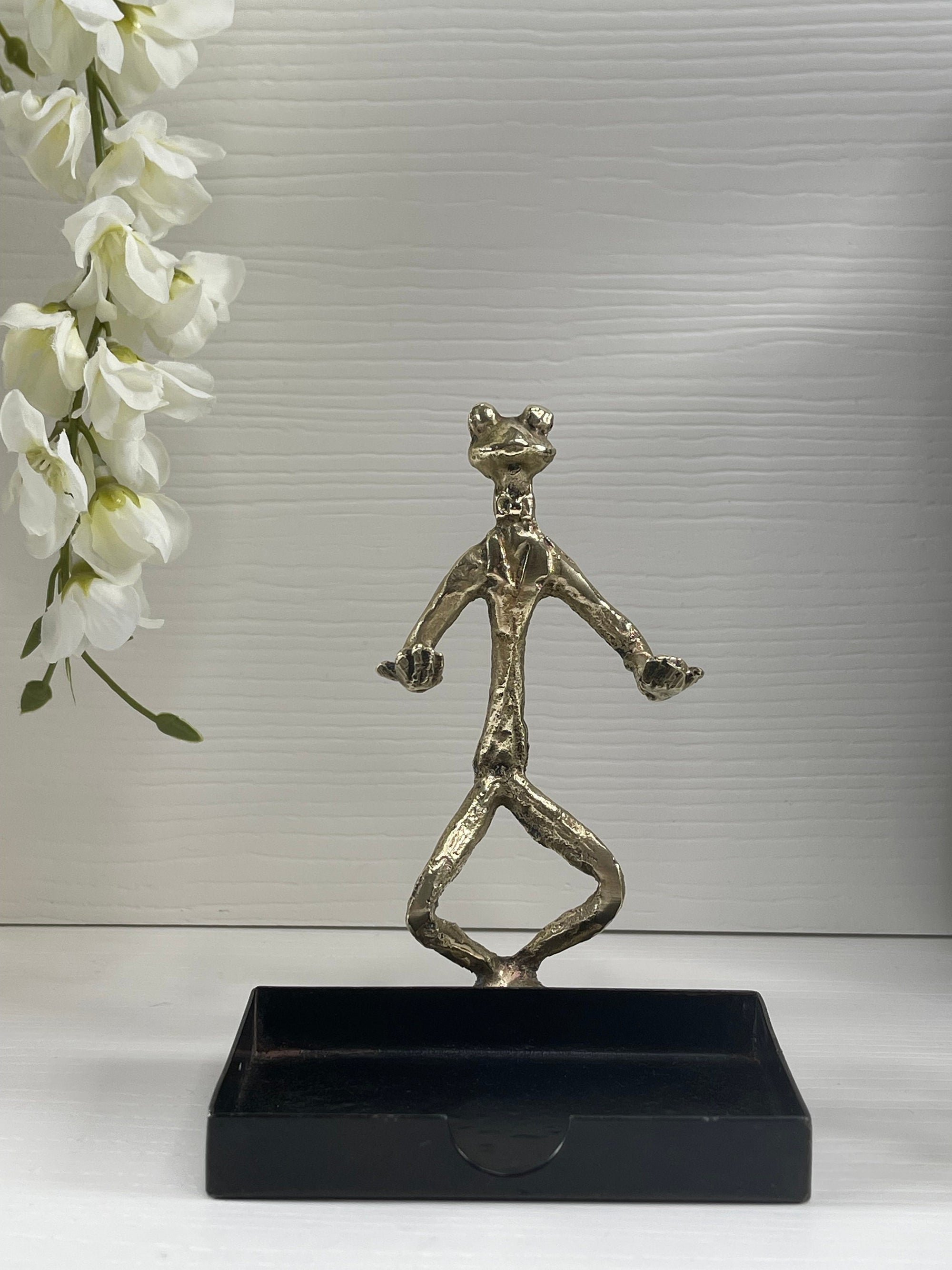 Vintage Brass Butler Frog with Metal Business Card Holder or Trinket Dish