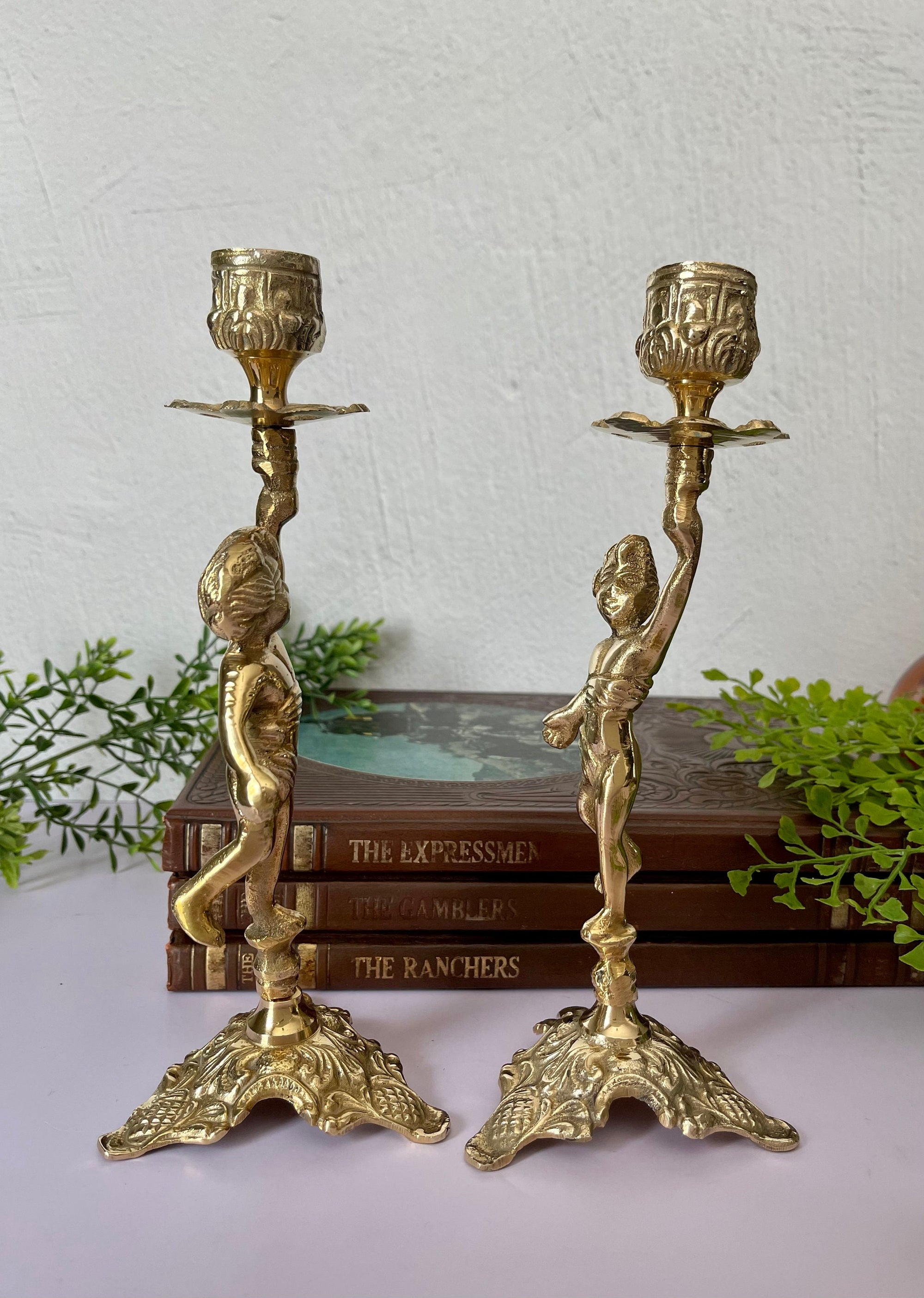 Vintage Brass Cherub Candlestick Holders
