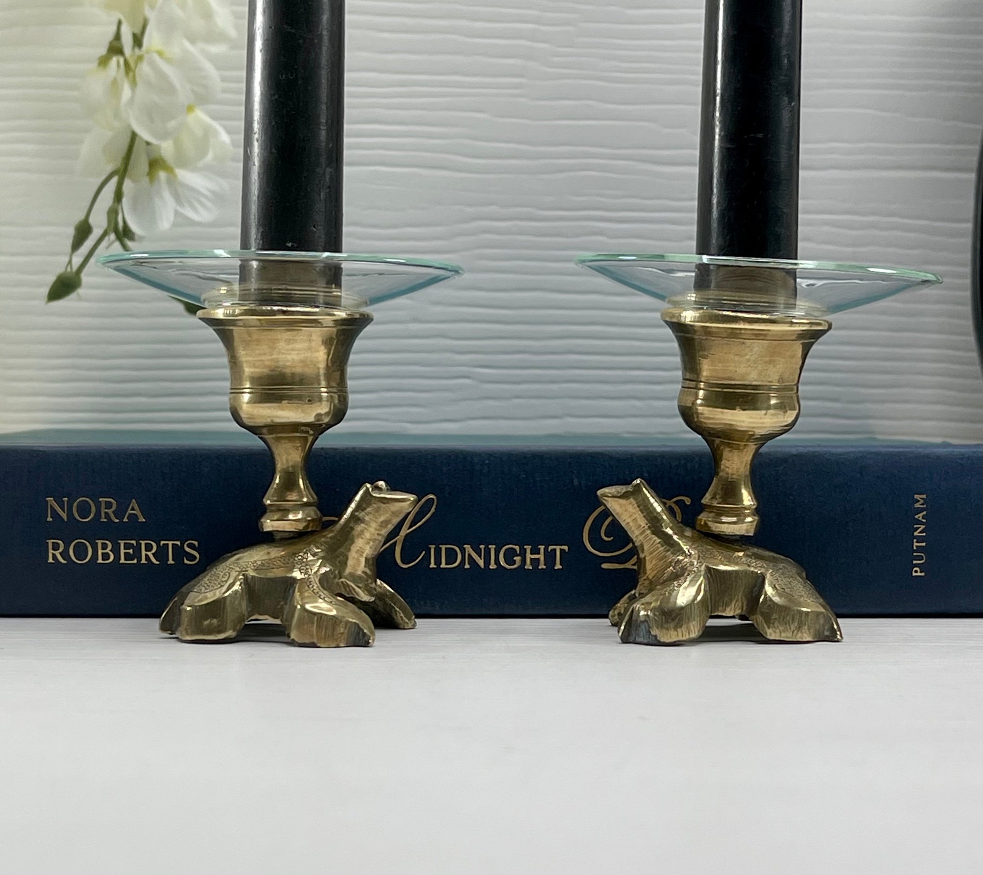 Vintage Brass Small Frog Candlestick Holders