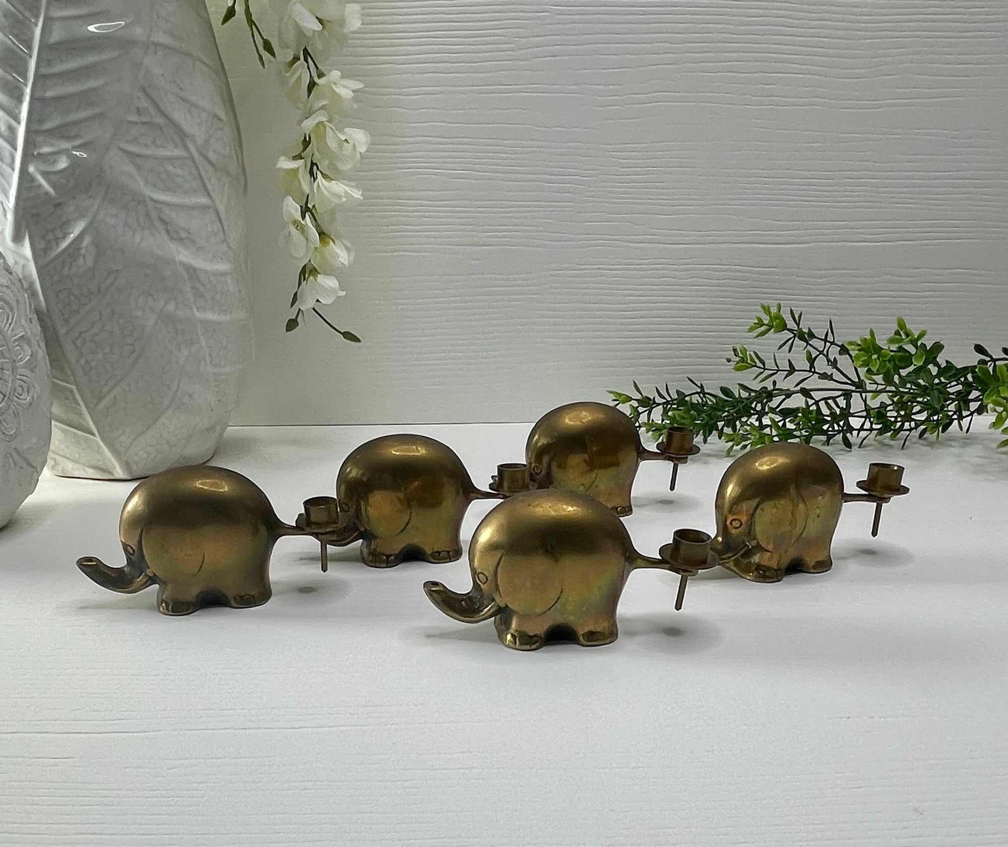 Vintage Brass Elephant Support Circle Thin Candlestick Holders