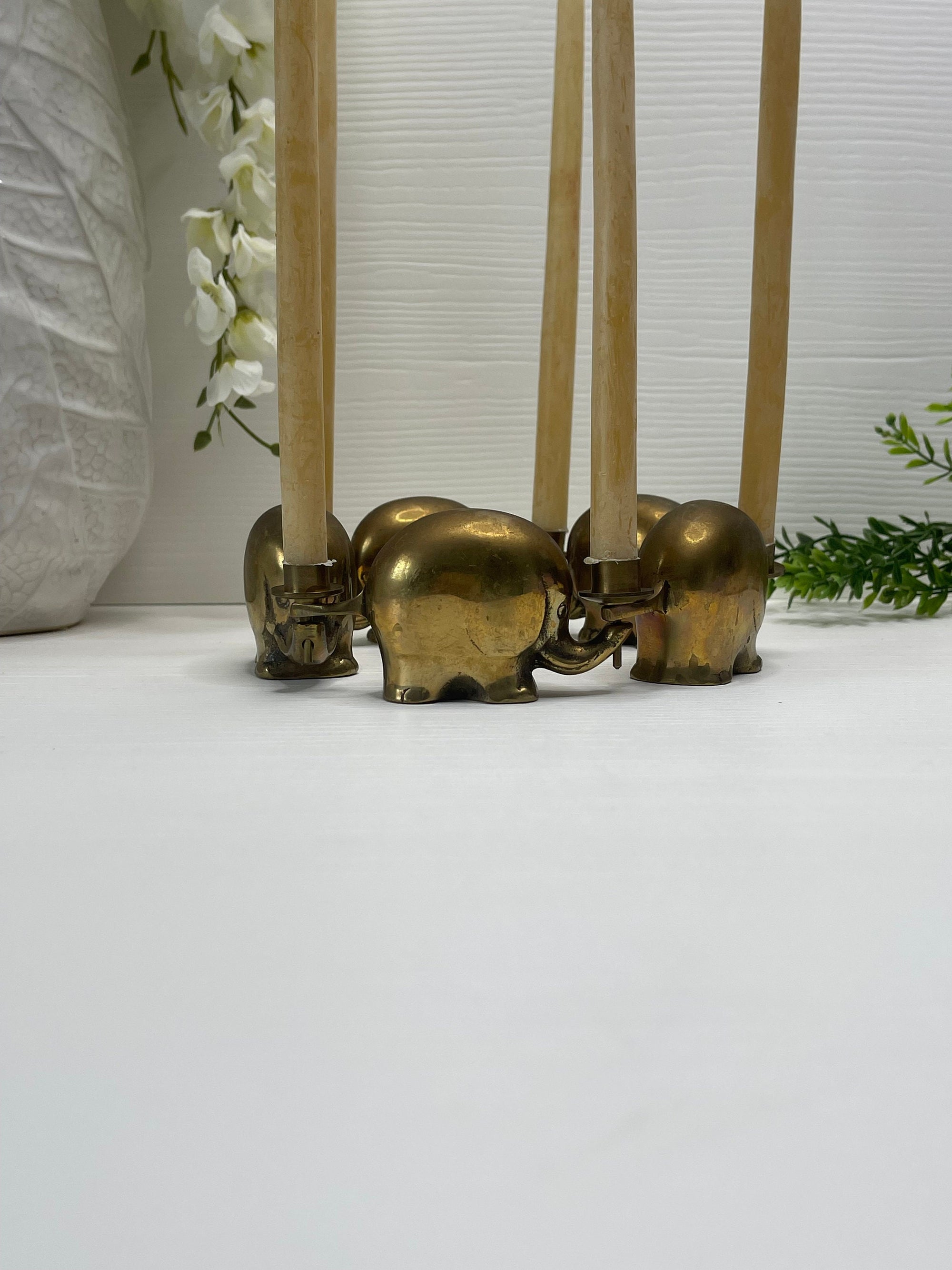 Vintage Brass Elephant Support Circle Thin Candlestick Holders