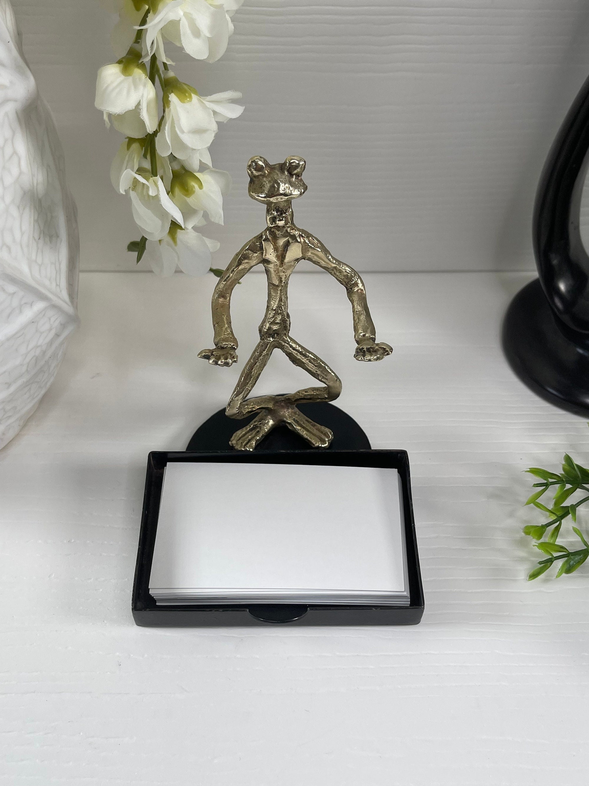 Vintage Brass Butler Frog with Metal Business Card Holder or Trinket Dish