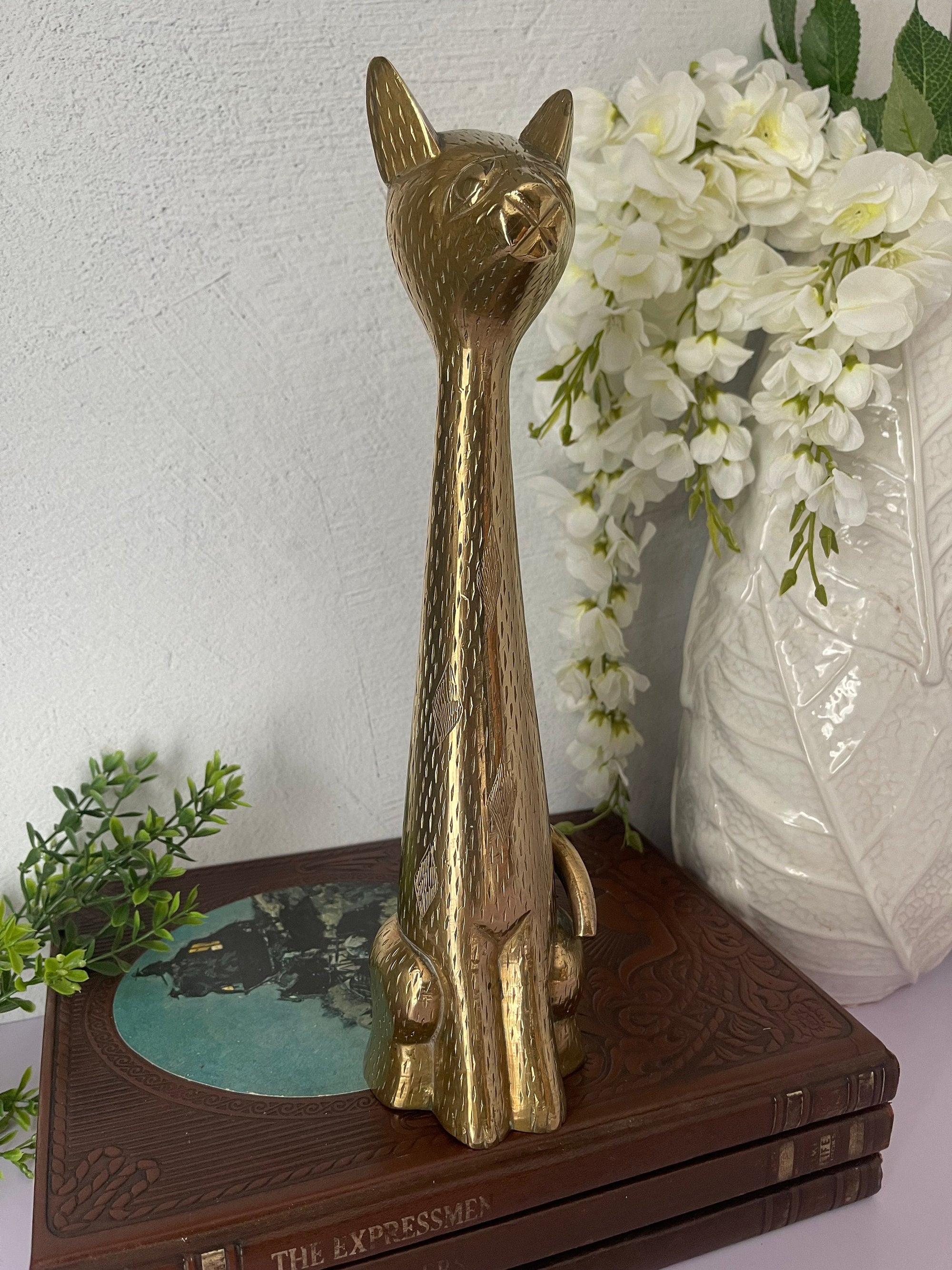 12 inch Tall Vintage Brass Hand Etched Cat