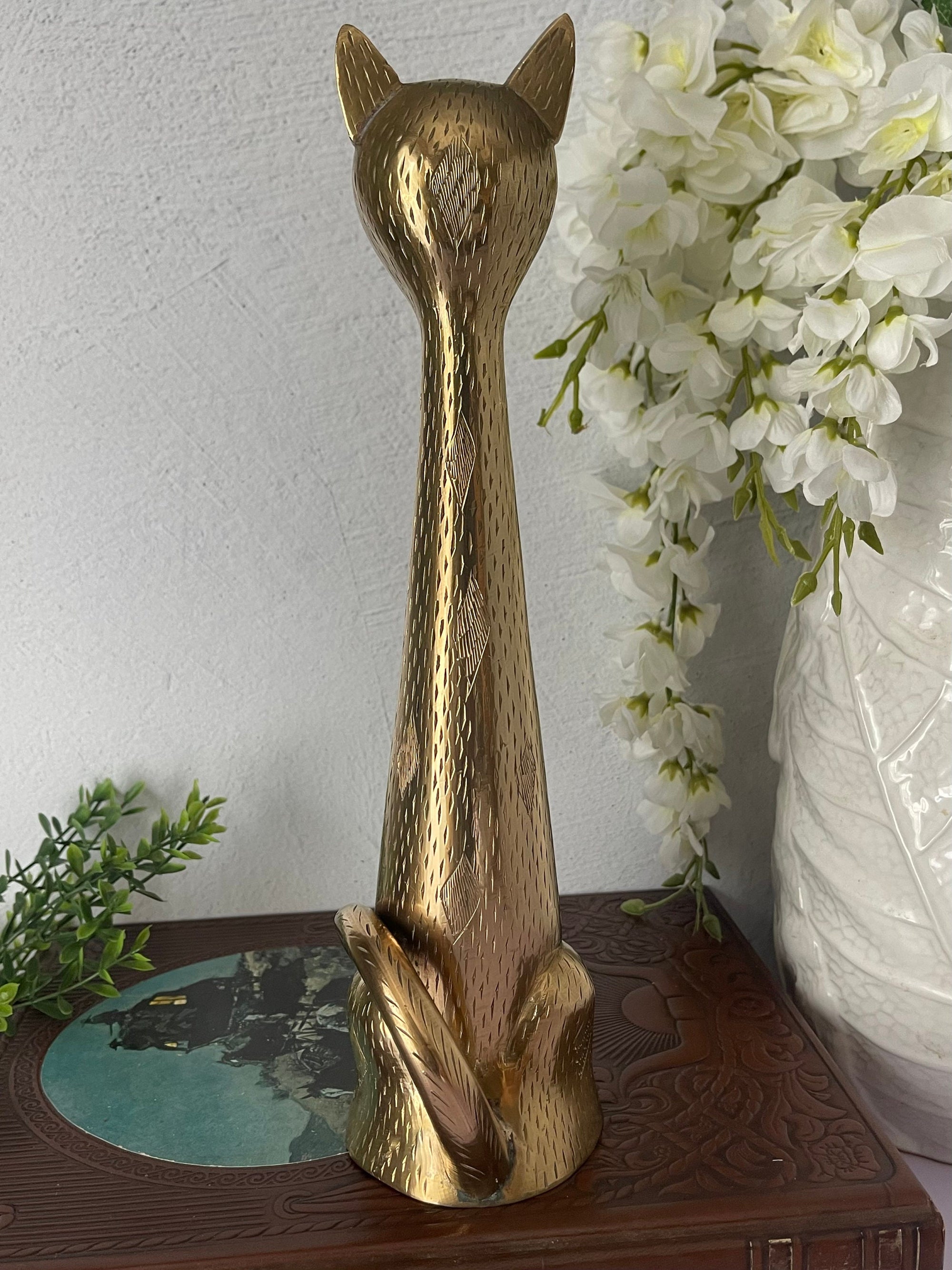 12 inch Tall Vintage Brass Hand Etched Cat