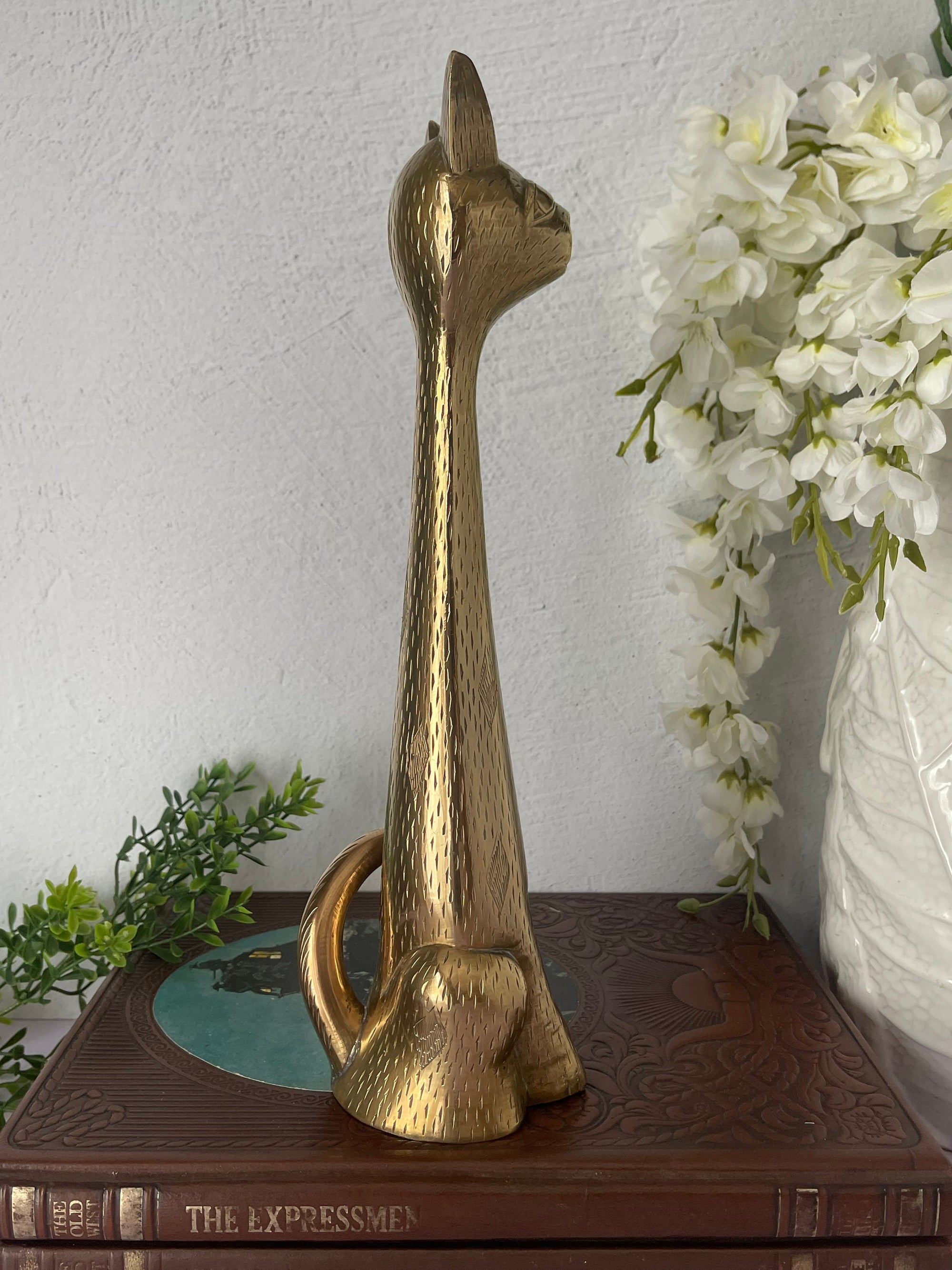 12 inch Tall Vintage Brass Hand Etched Cat