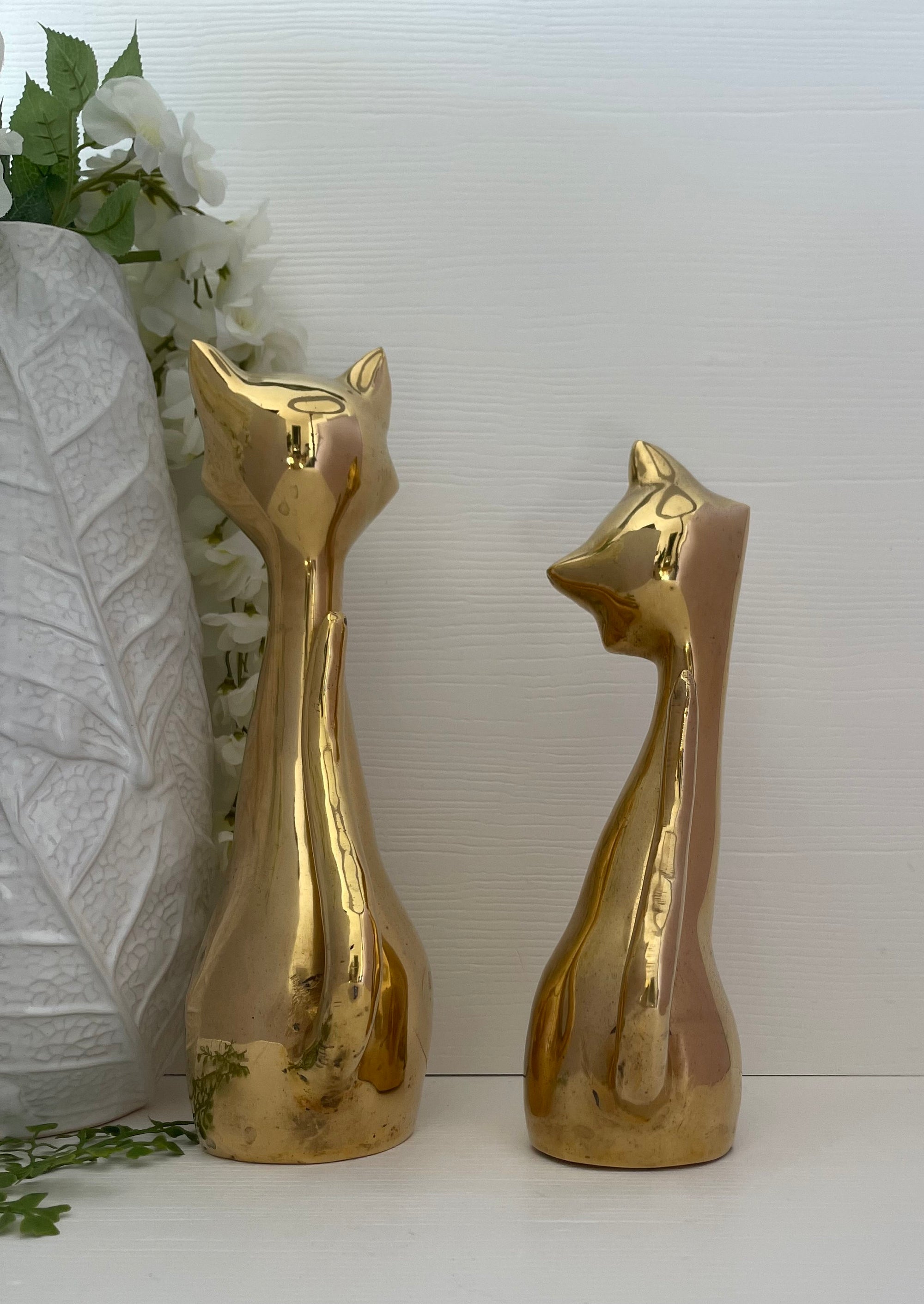 Tall Vintage Brass Smiling Cat Pair