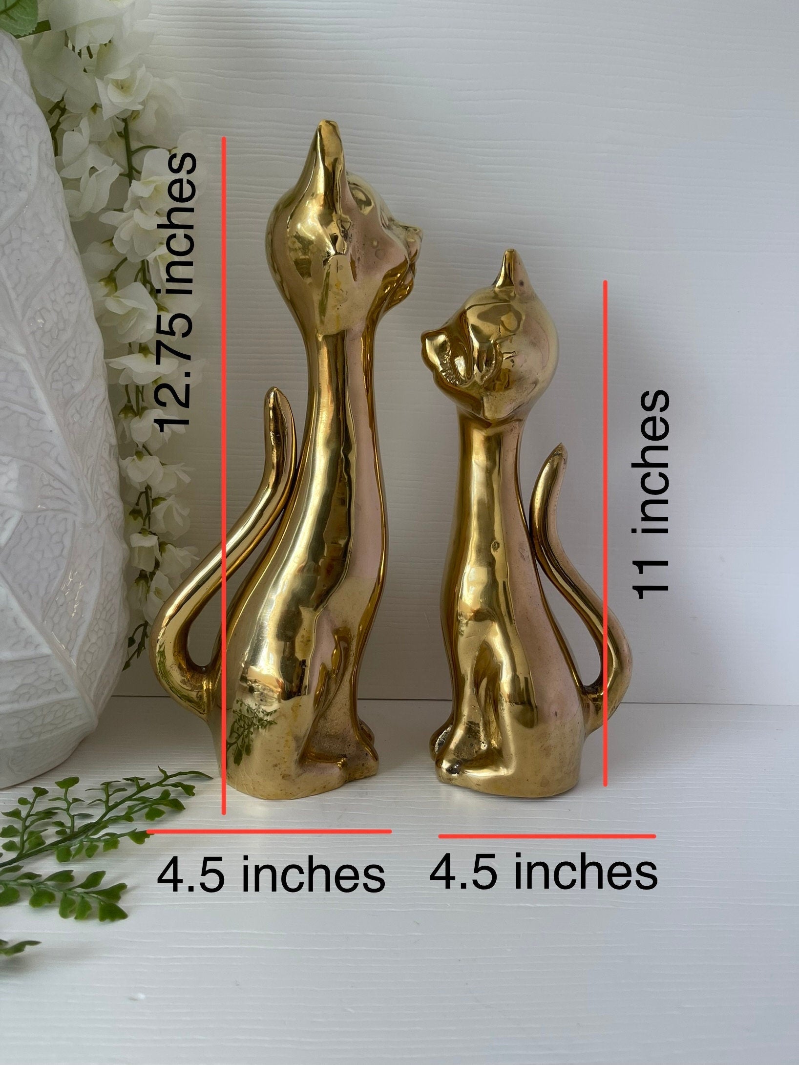 Tall Vintage Brass Smiling Cat Pair