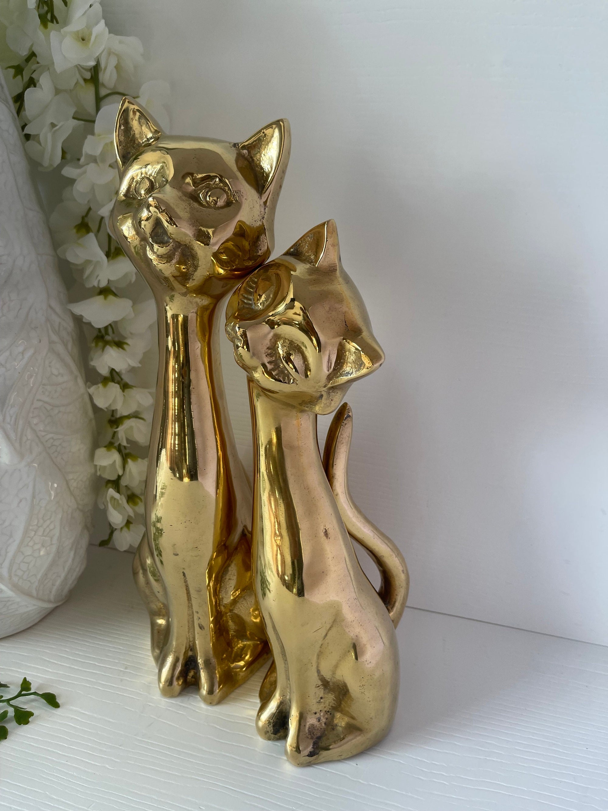 Tall Vintage Brass Smiling Cat Pair