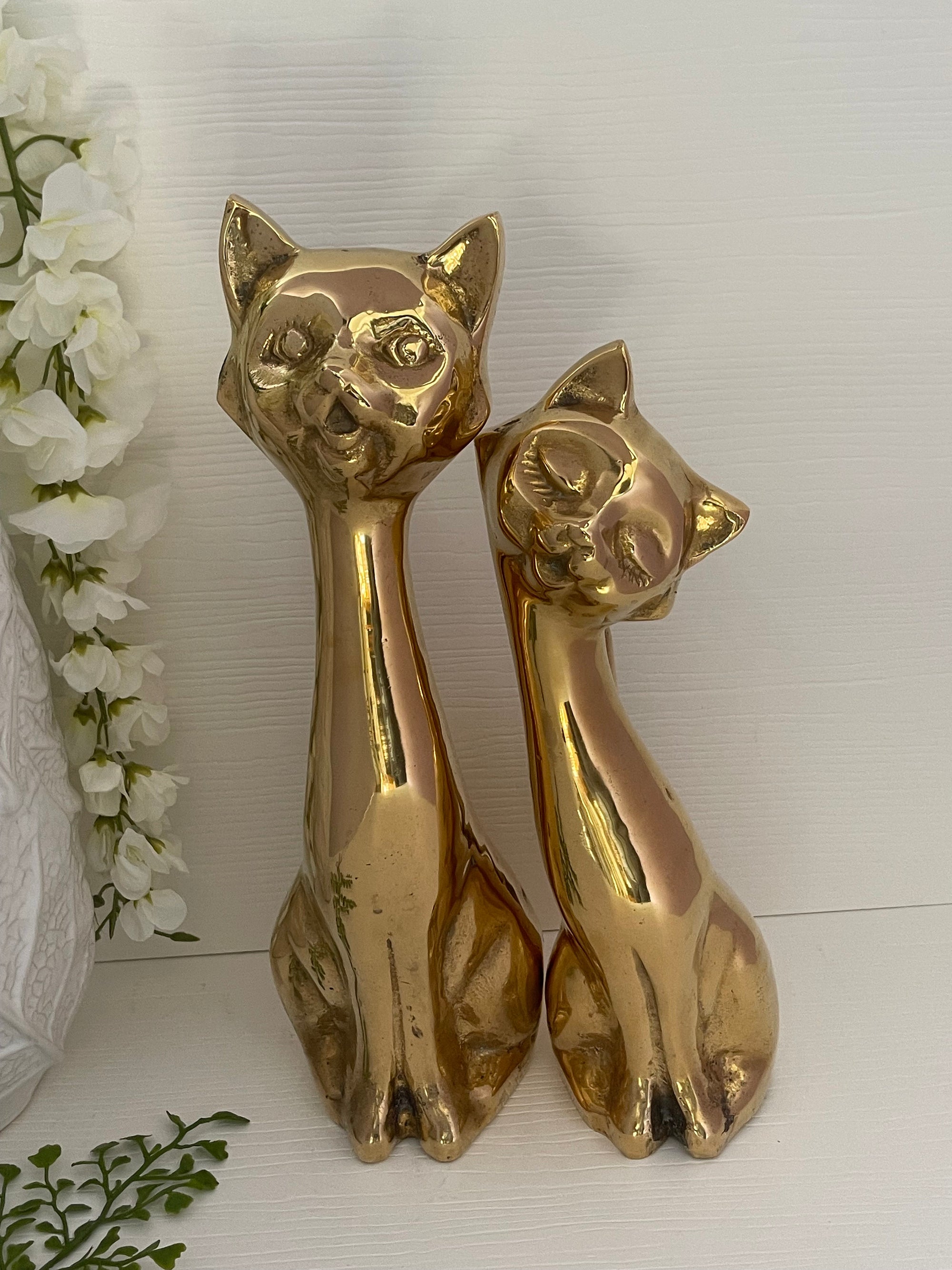 Tall Vintage Brass Smiling Cat Pair