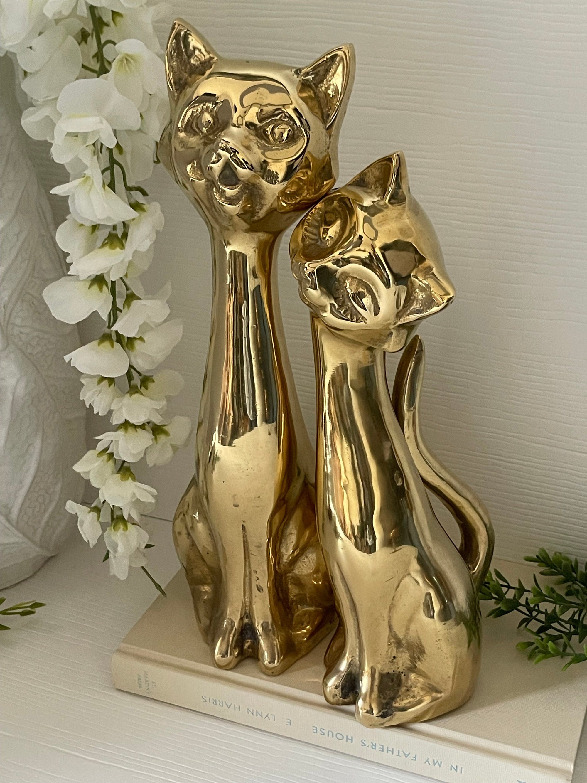 Tall Vintage Brass Smiling Cat Pair