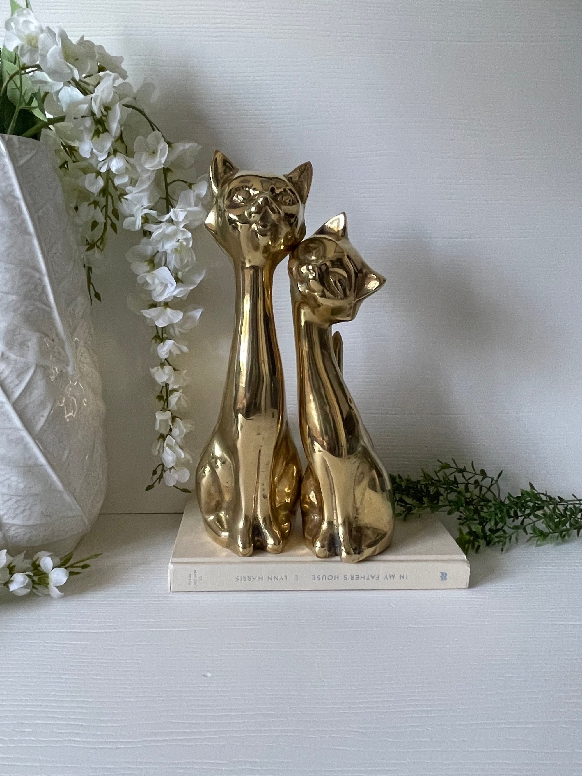 Tall Vintage Brass Smiling Cat Pair