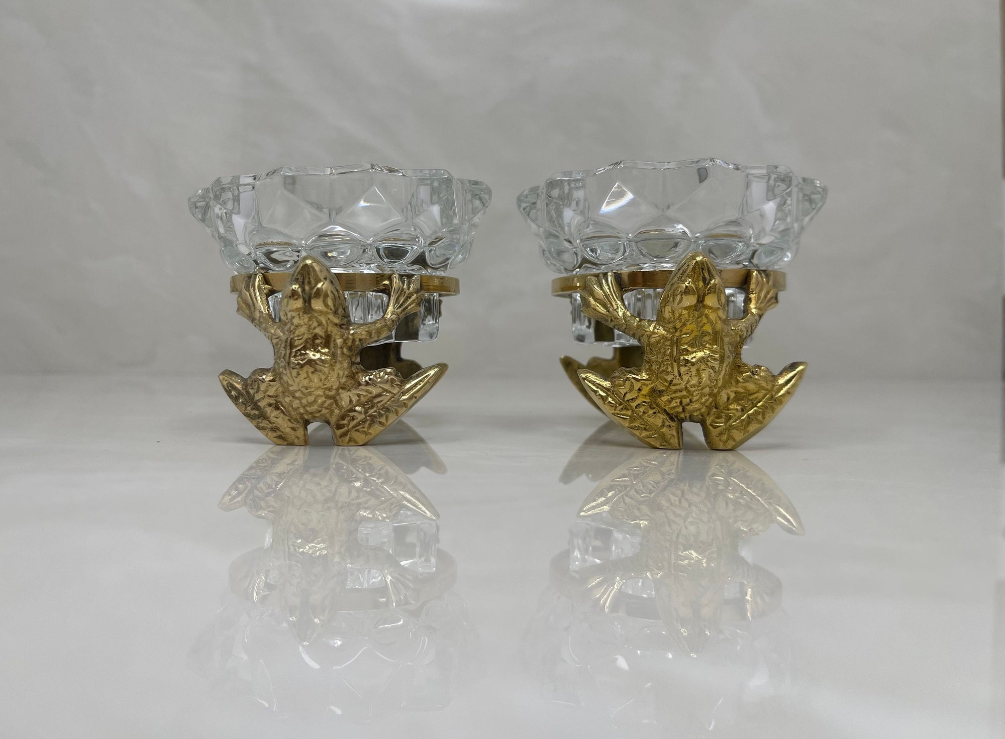 Vintage Brass Frog and Crystal Candle Holders