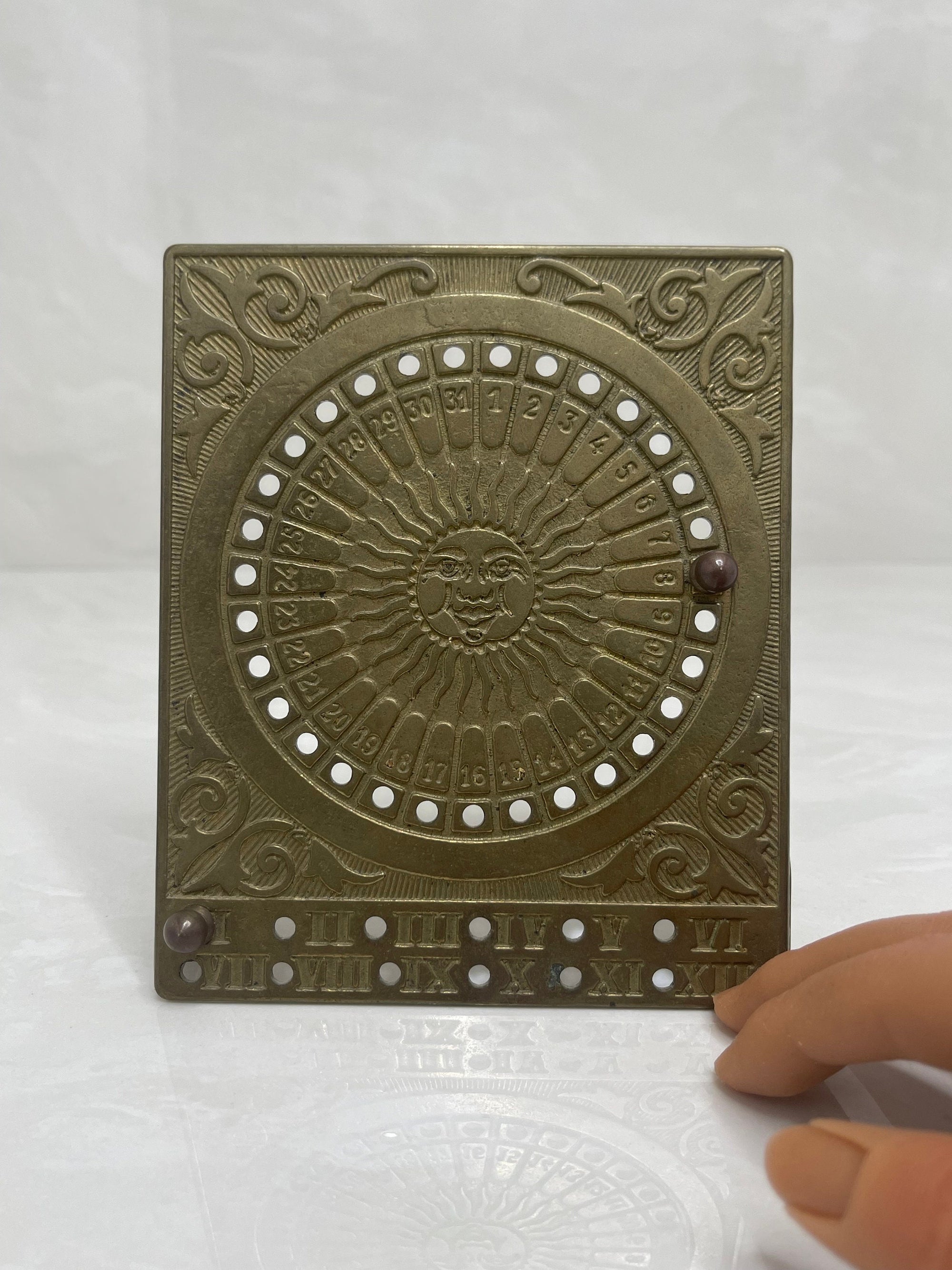 Vintage Brass Sundial Desk Calendar with Pegs
