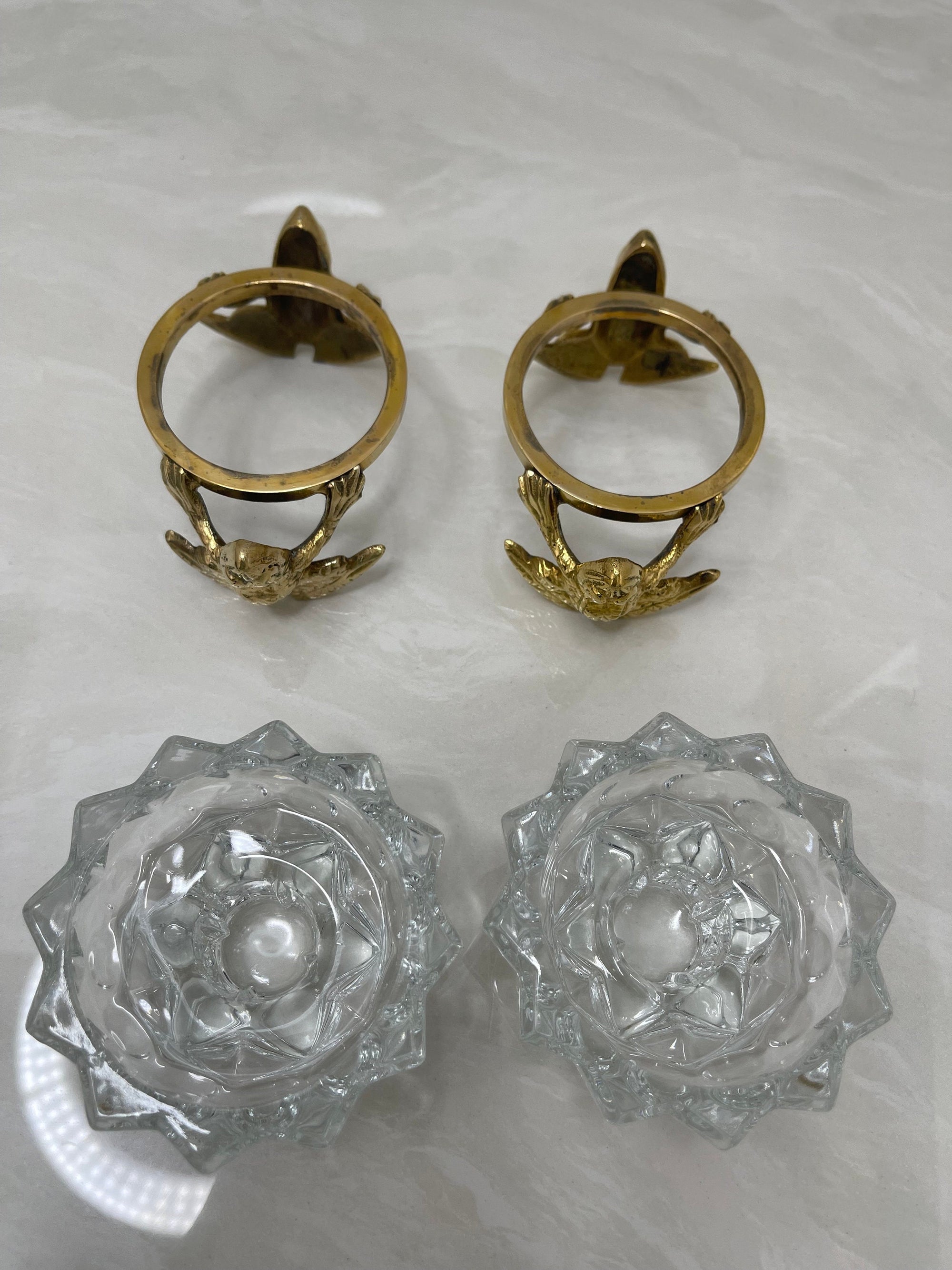 Vintage Brass Frog and Crystal Candle Holders