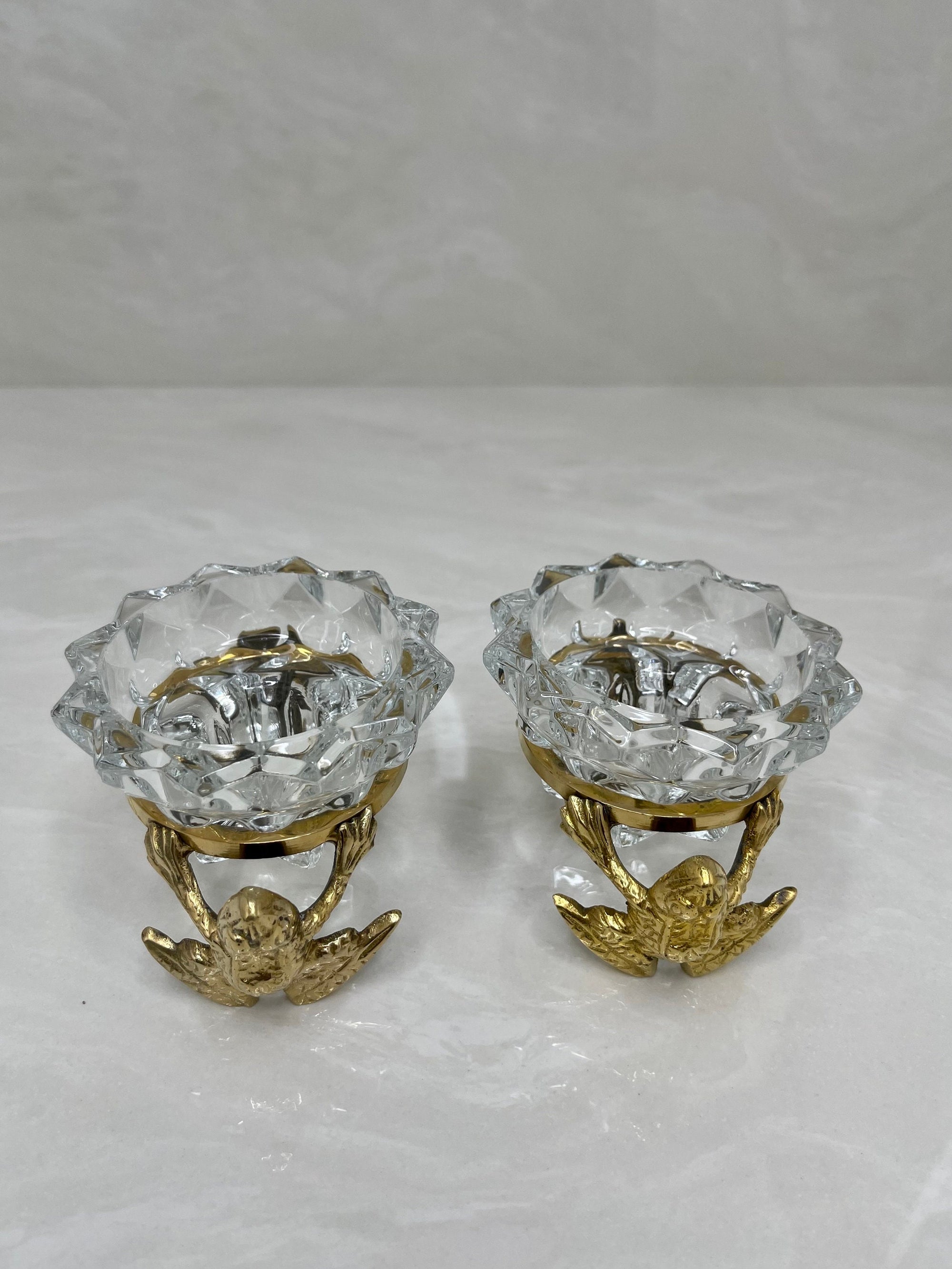 Vintage Brass Frog and Crystal Candle Holders