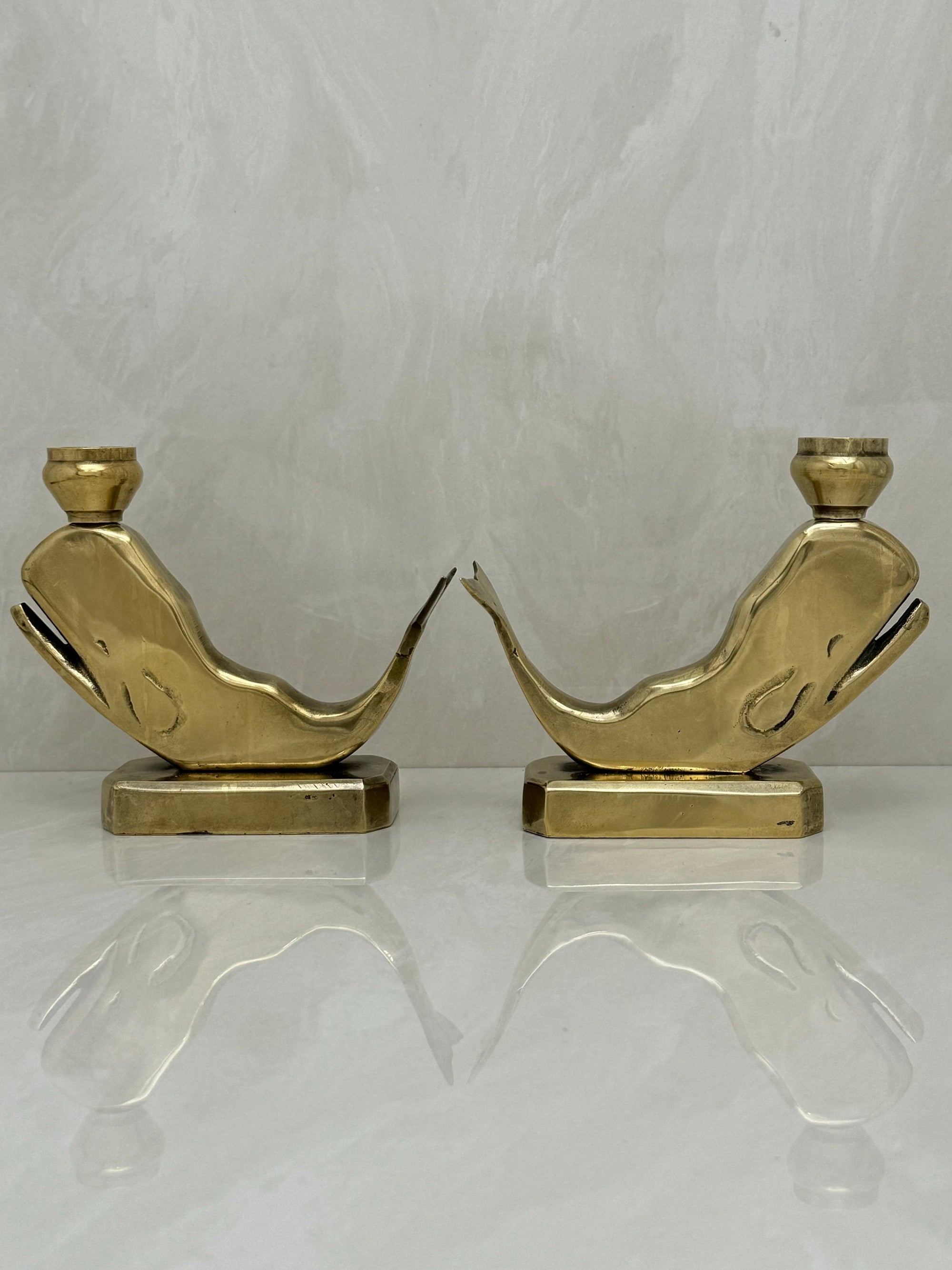 Vintage Brass Whale Candleholders