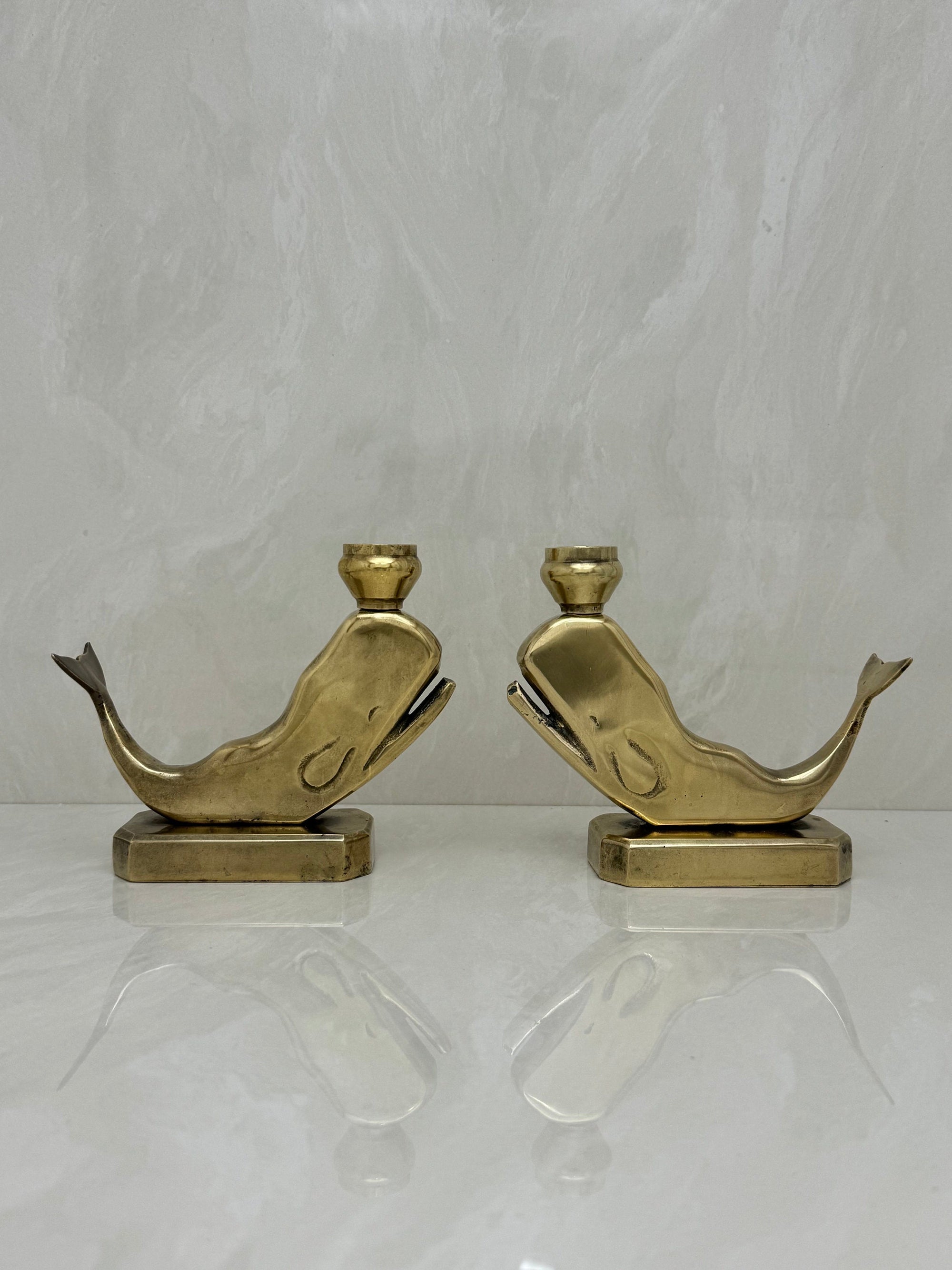Vintage Brass Whale Candleholders