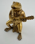 Melodic Croak: Brass Frog Guitarist Figurine Vintage Brass Frog on Stump Playing Guitar