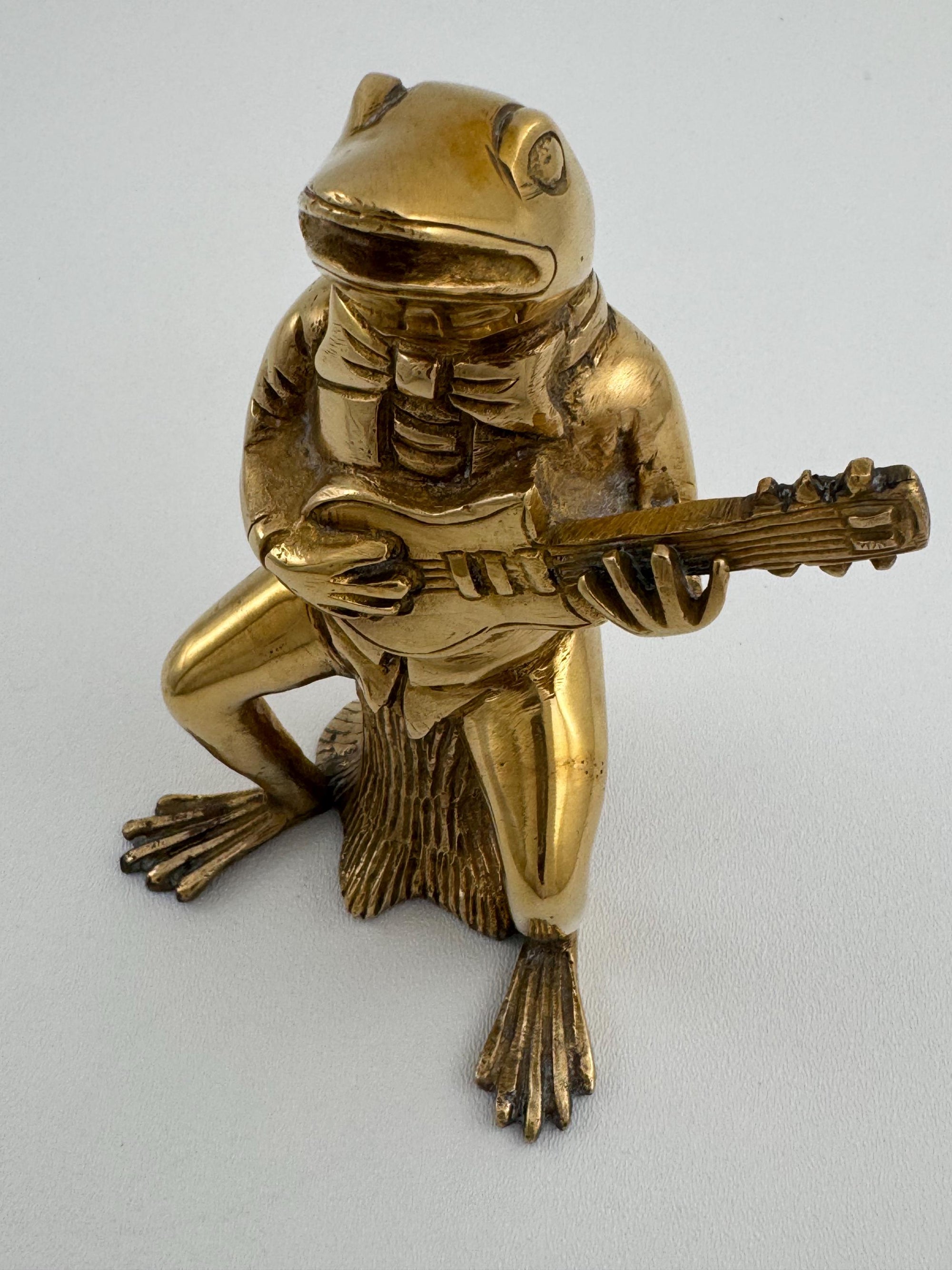 Melodic Croak: Brass Frog Guitarist Figurine Vintage Brass Frog on Stump Playing Guitar