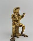 Melodic Croak: Brass Frog Guitarist Figurine Vintage Brass Frog on Stump Playing Guitar
