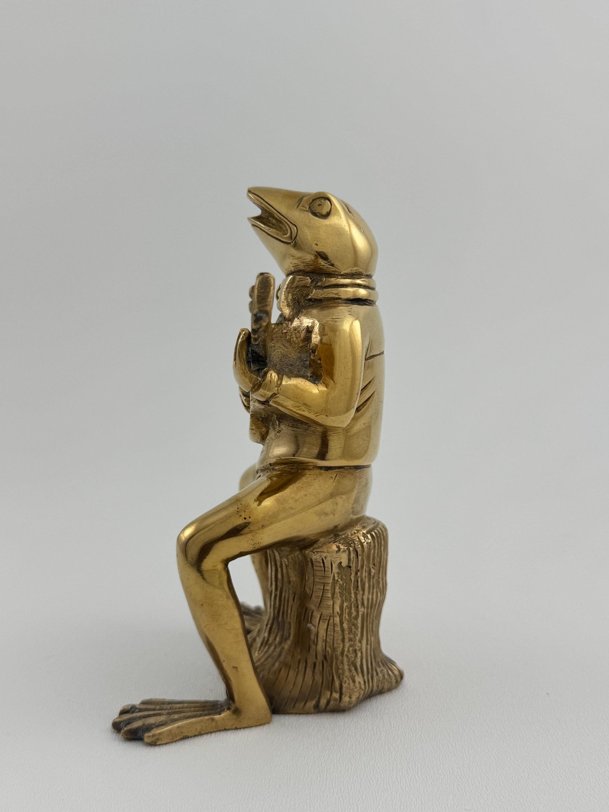 Melodic Croak: Brass Frog Guitarist Figurine Vintage Brass Frog on Stump Playing Guitar