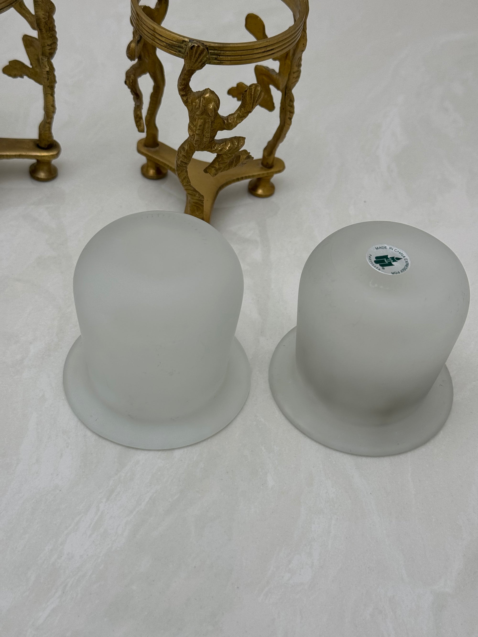 Vintage Brass Frog Candleholders with Frosted Glass Inserts-A Pair